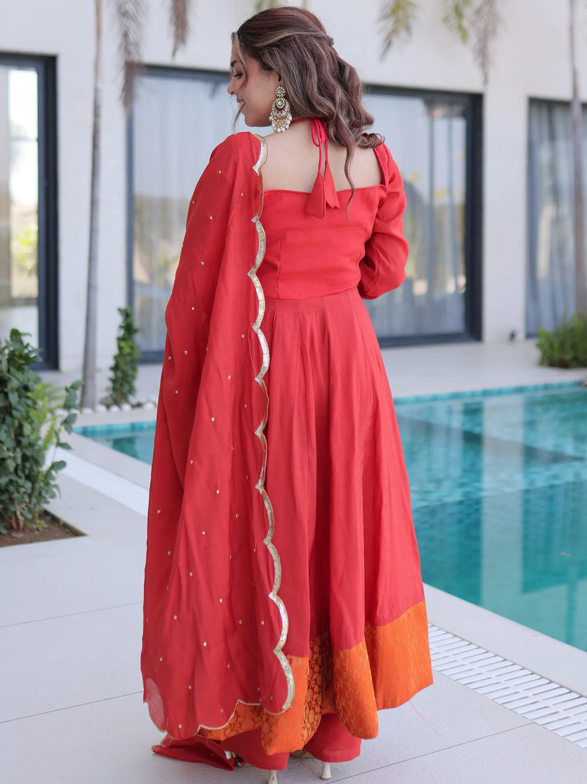 Marvelous Red Lace Work Chanderi Festival Wear Anarkali Suit Pant