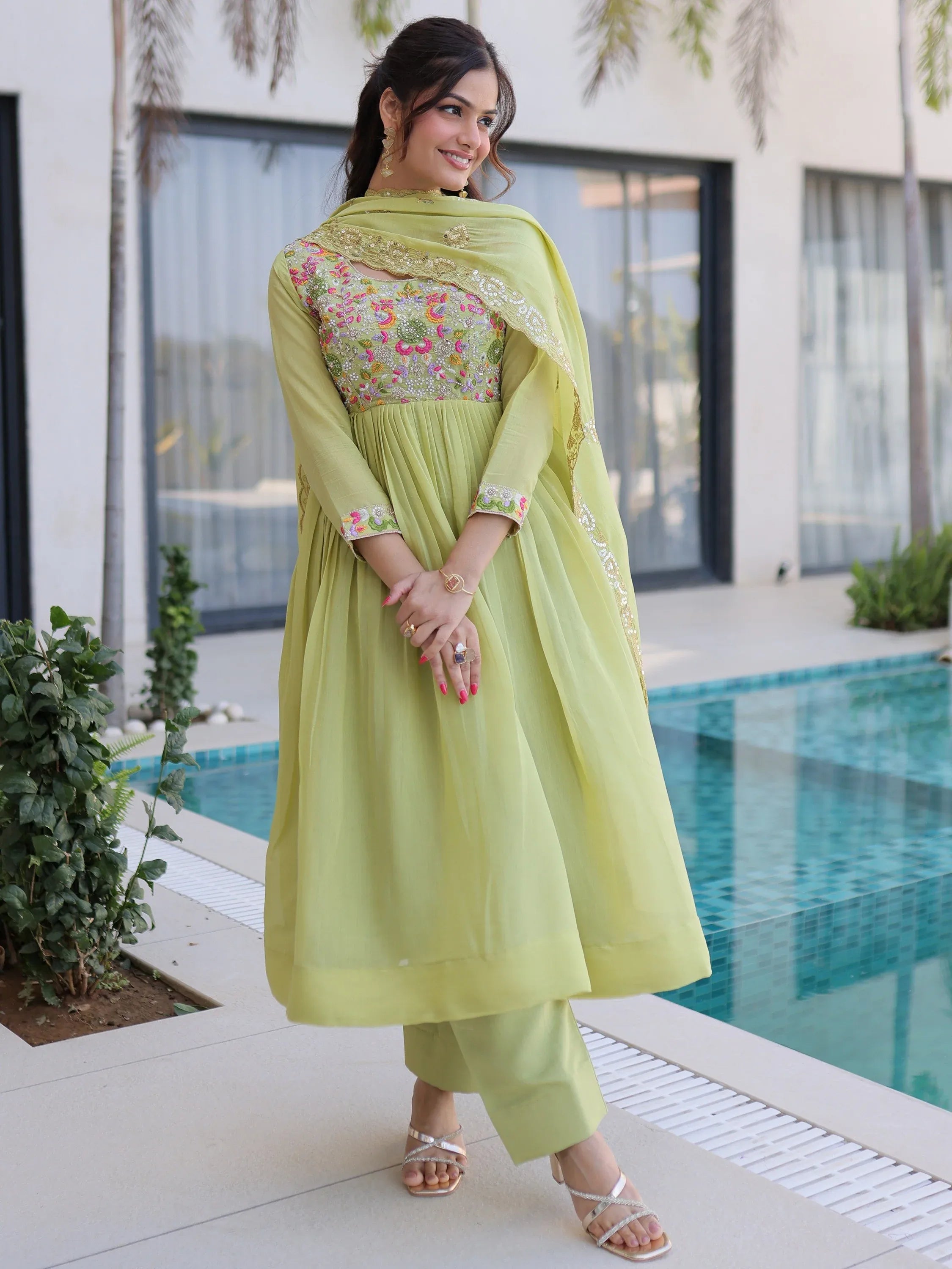 Rich Pista Green Thread Work Chanderi Traditional Anarkali Pant Suit