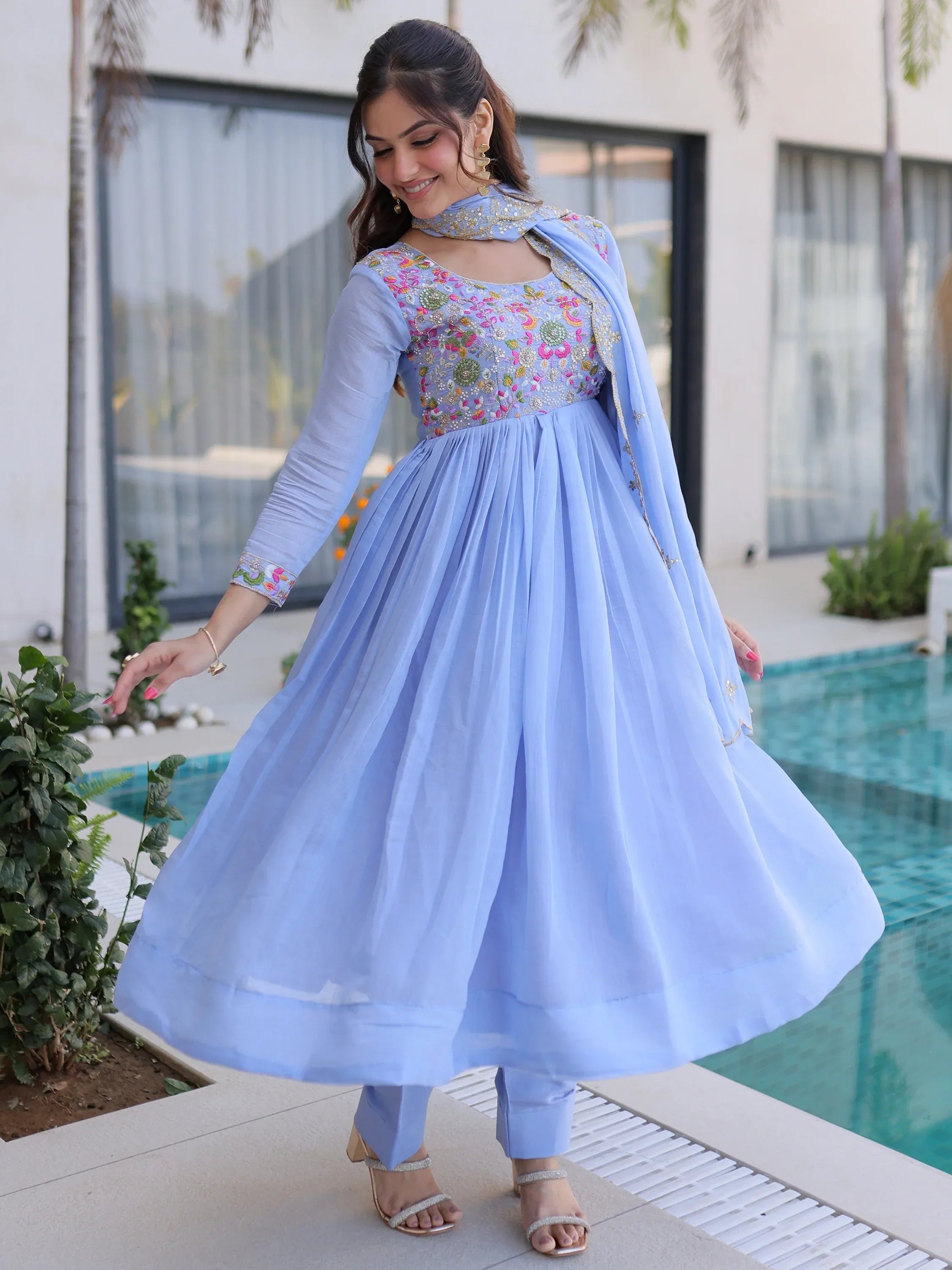Charming Sky Blue Bead Work Chanderi Event Wear Anarkali Pant Suit