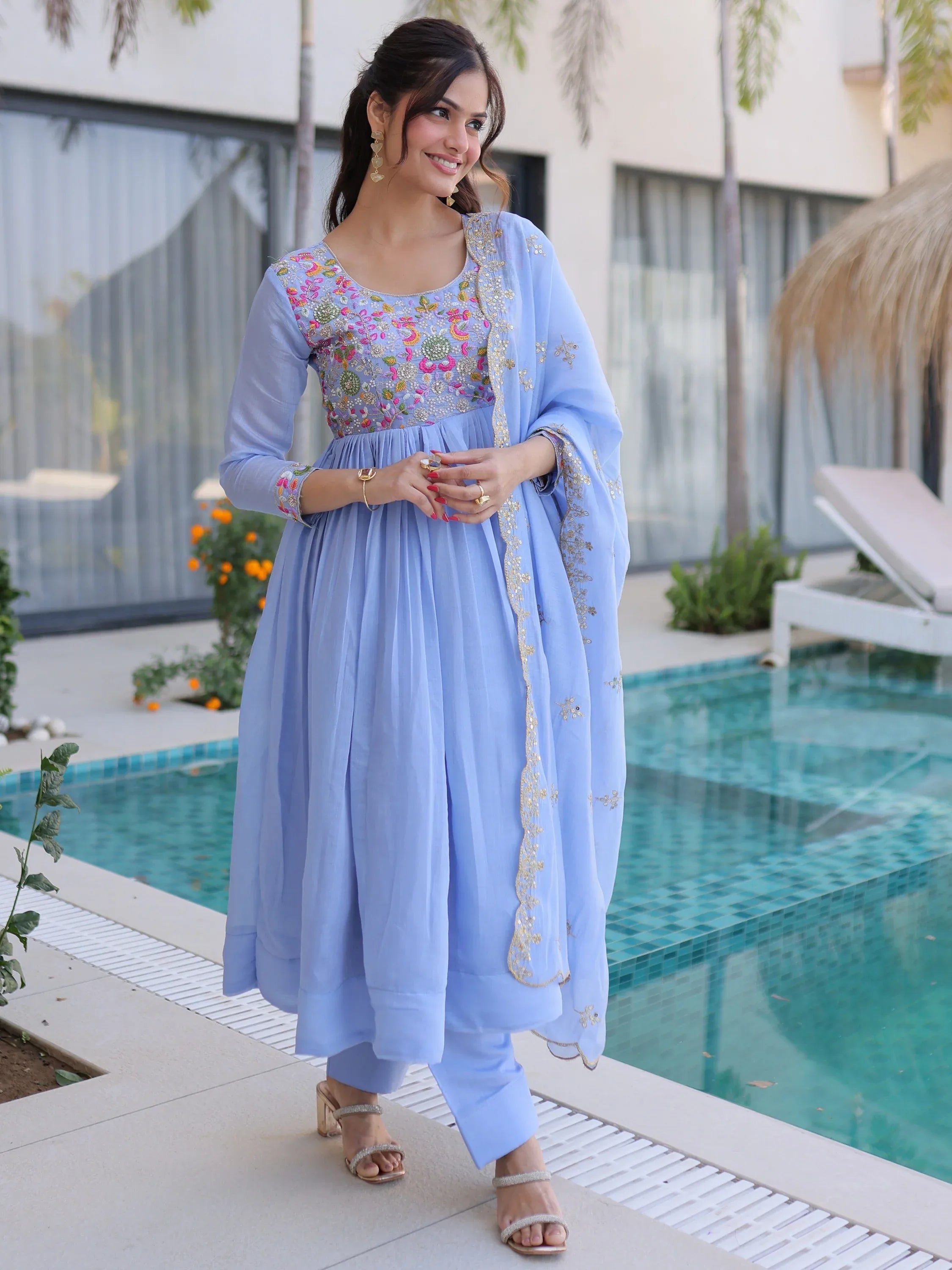 Charming Sky Blue Bead Work Chanderi Event Wear Anarkali Pant Suit