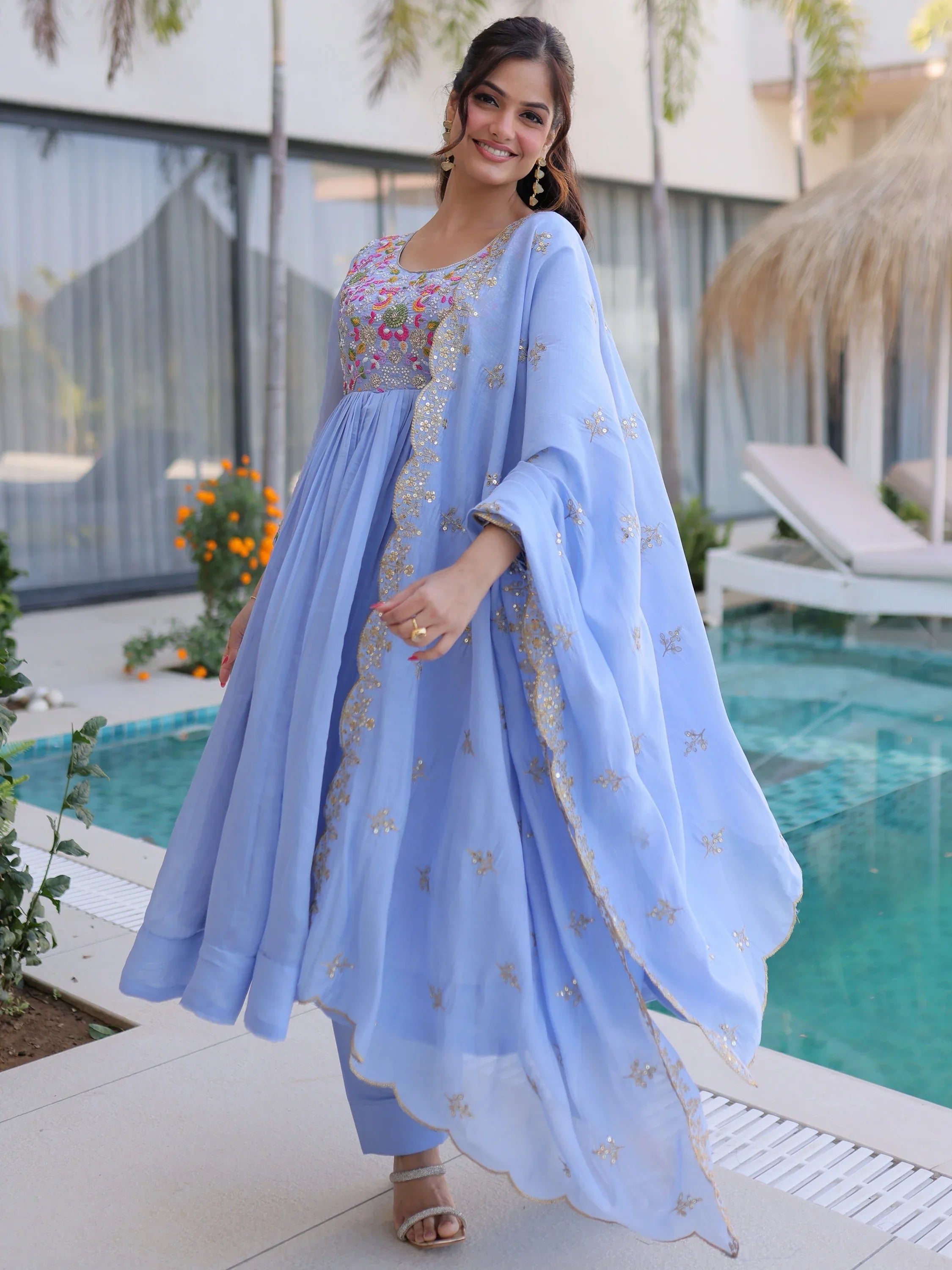 Charming Sky Blue Bead Work Chanderi Event Wear Anarkali Pant Suit