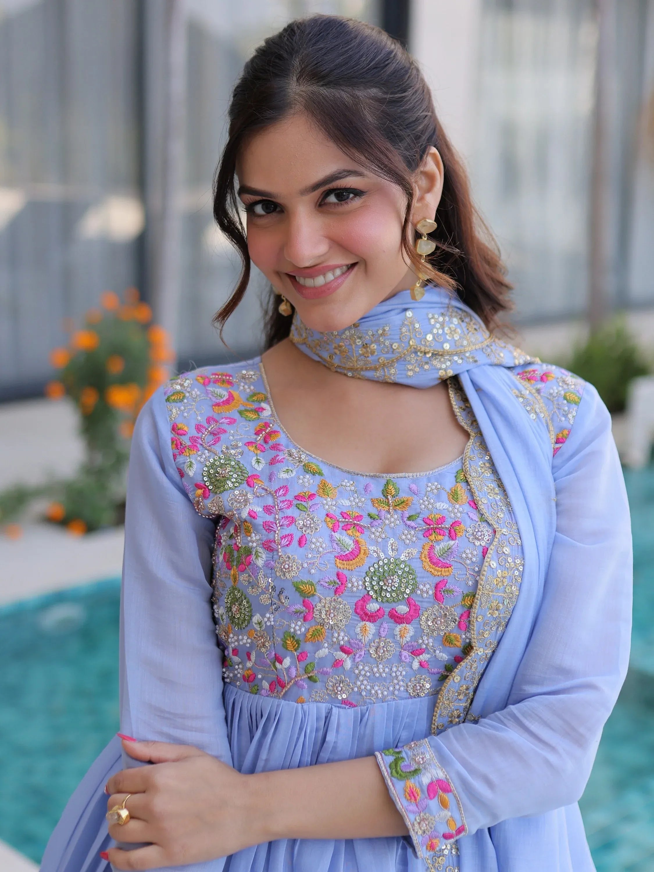 Charming Sky Blue Bead Work Chanderi Event Wear Anarkali Pant Suit
