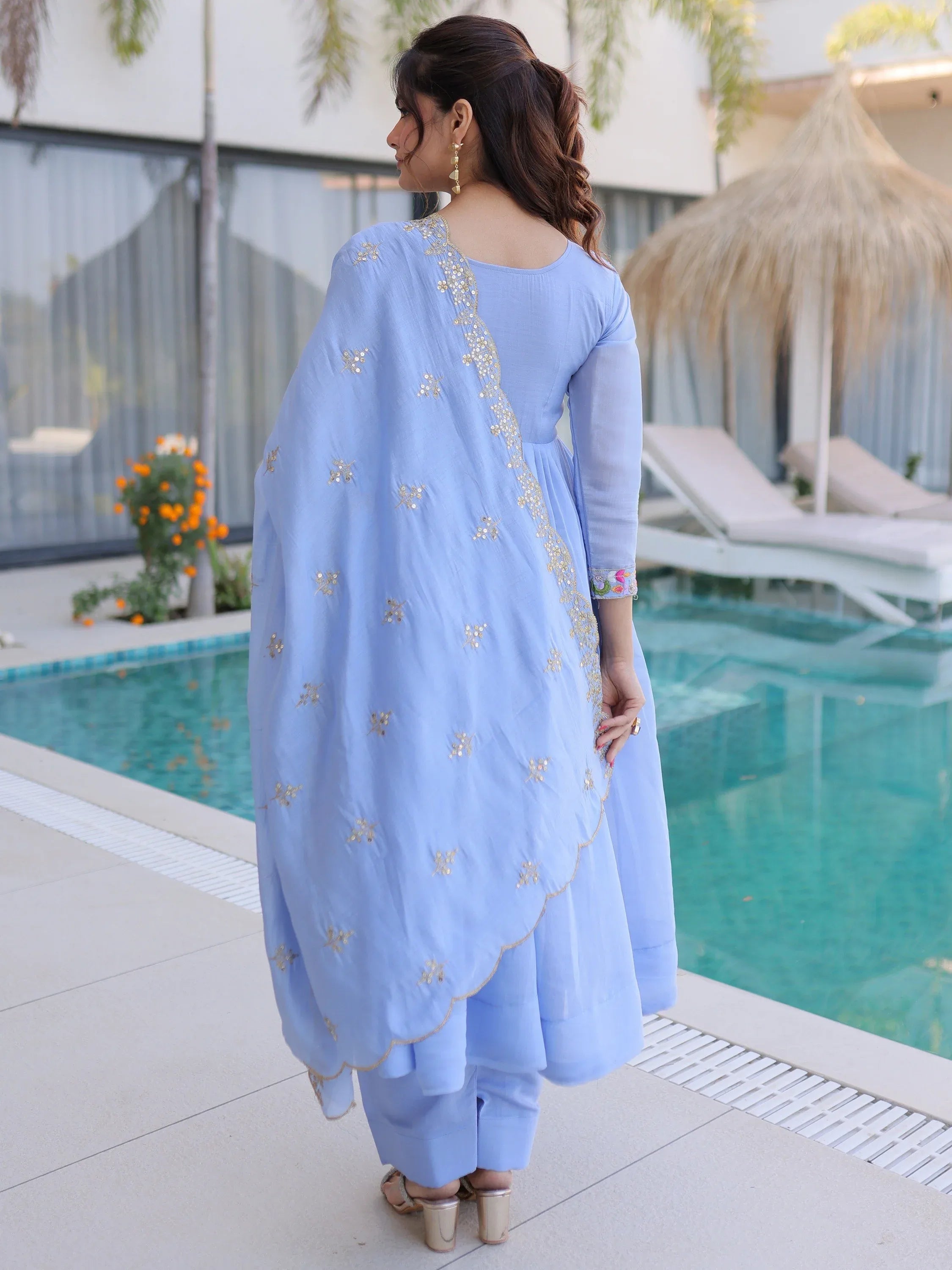 Charming Sky Blue Bead Work Chanderi Event Wear Anarkali Pant Suit