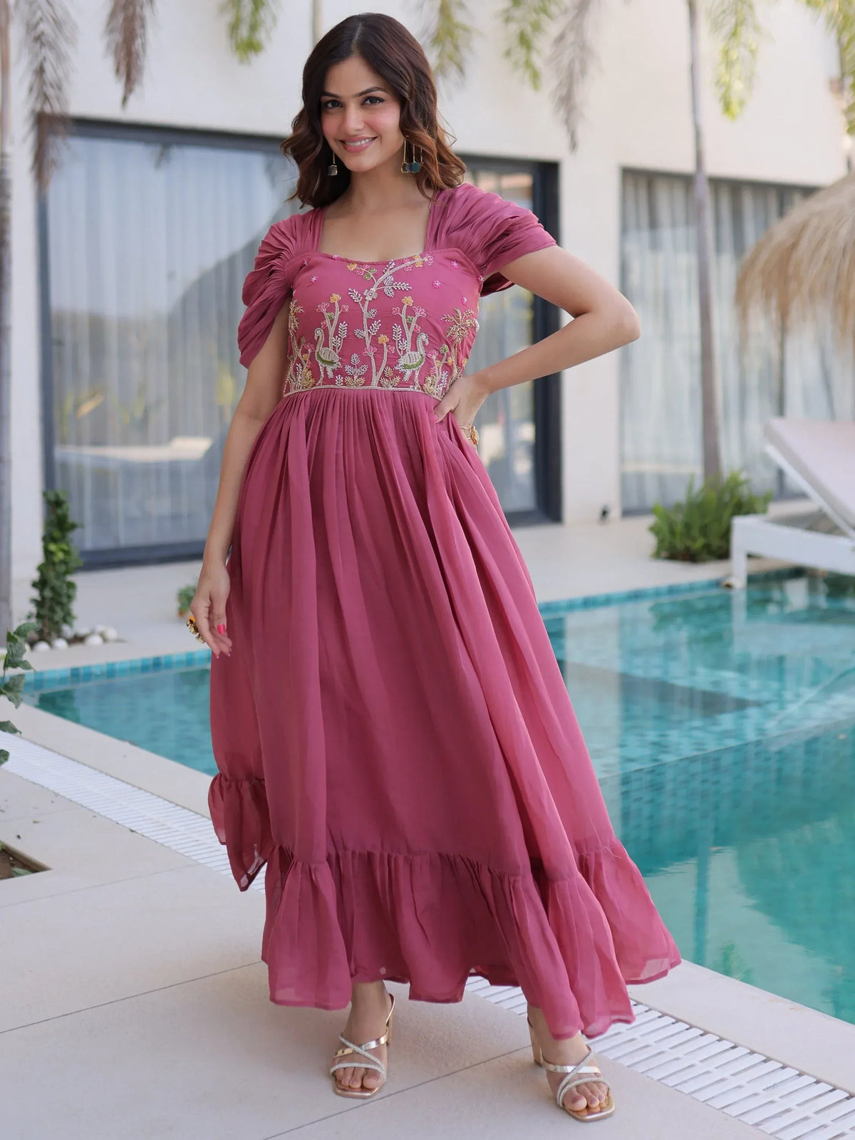 Stupendous Rose Pink Bead Work Chanderi Bridesmaid Dress