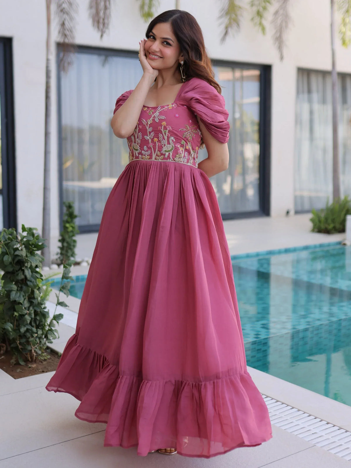 Stupendous Rose Pink Bead Work Chanderi Bridesmaid Dress