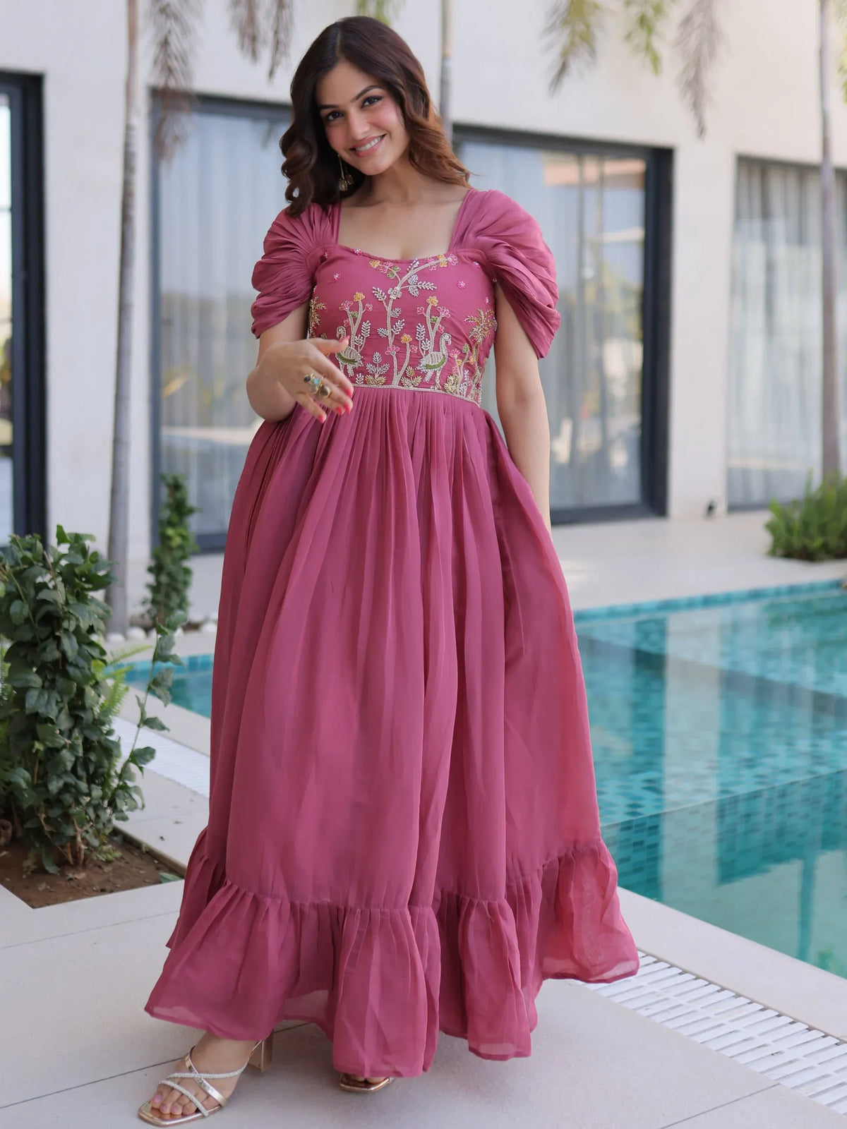 Stupendous Rose Pink Bead Work Chanderi Bridesmaid Dress