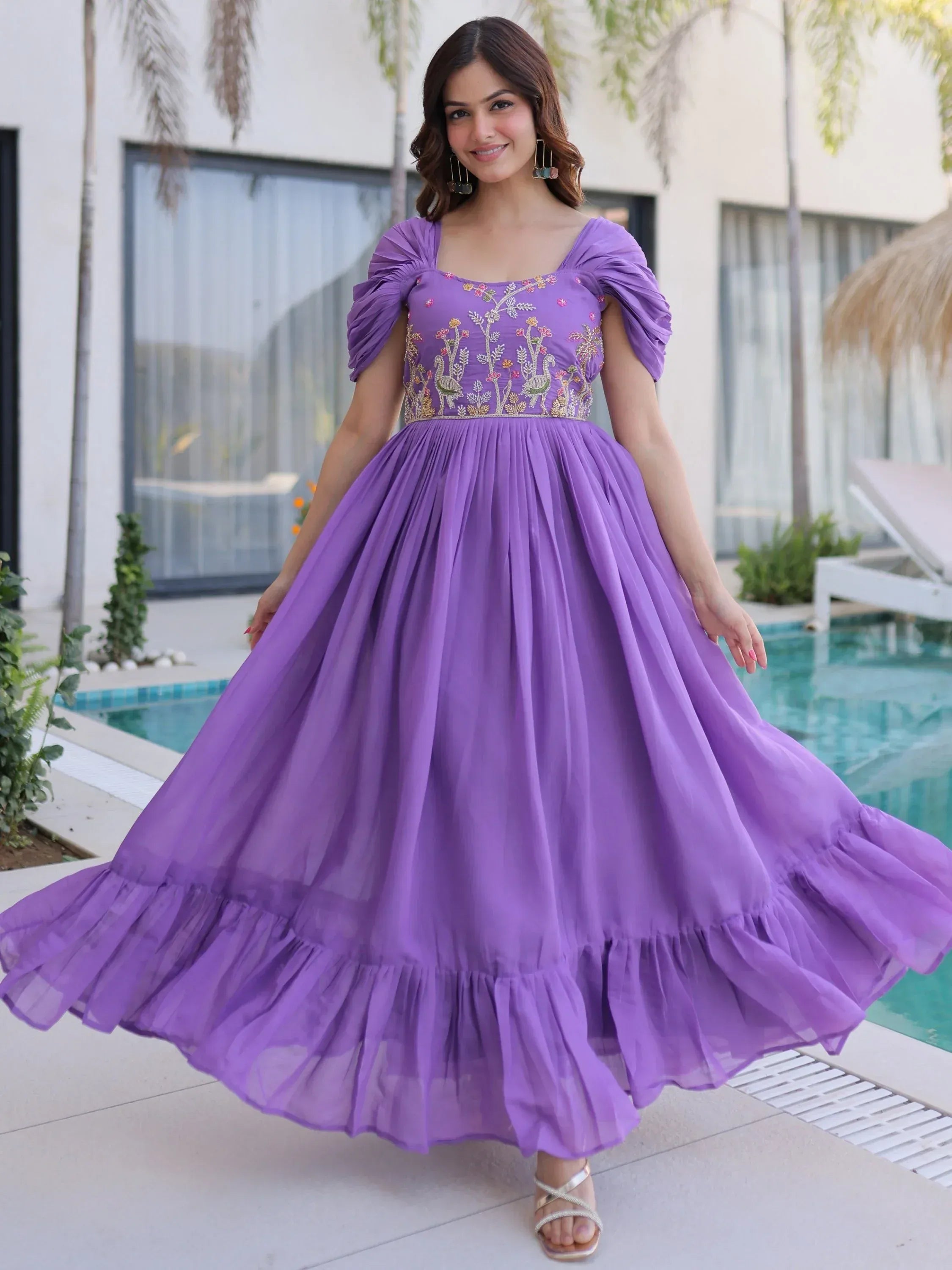 Notable Purple Bead Work Chanderi Festive Wear Dress