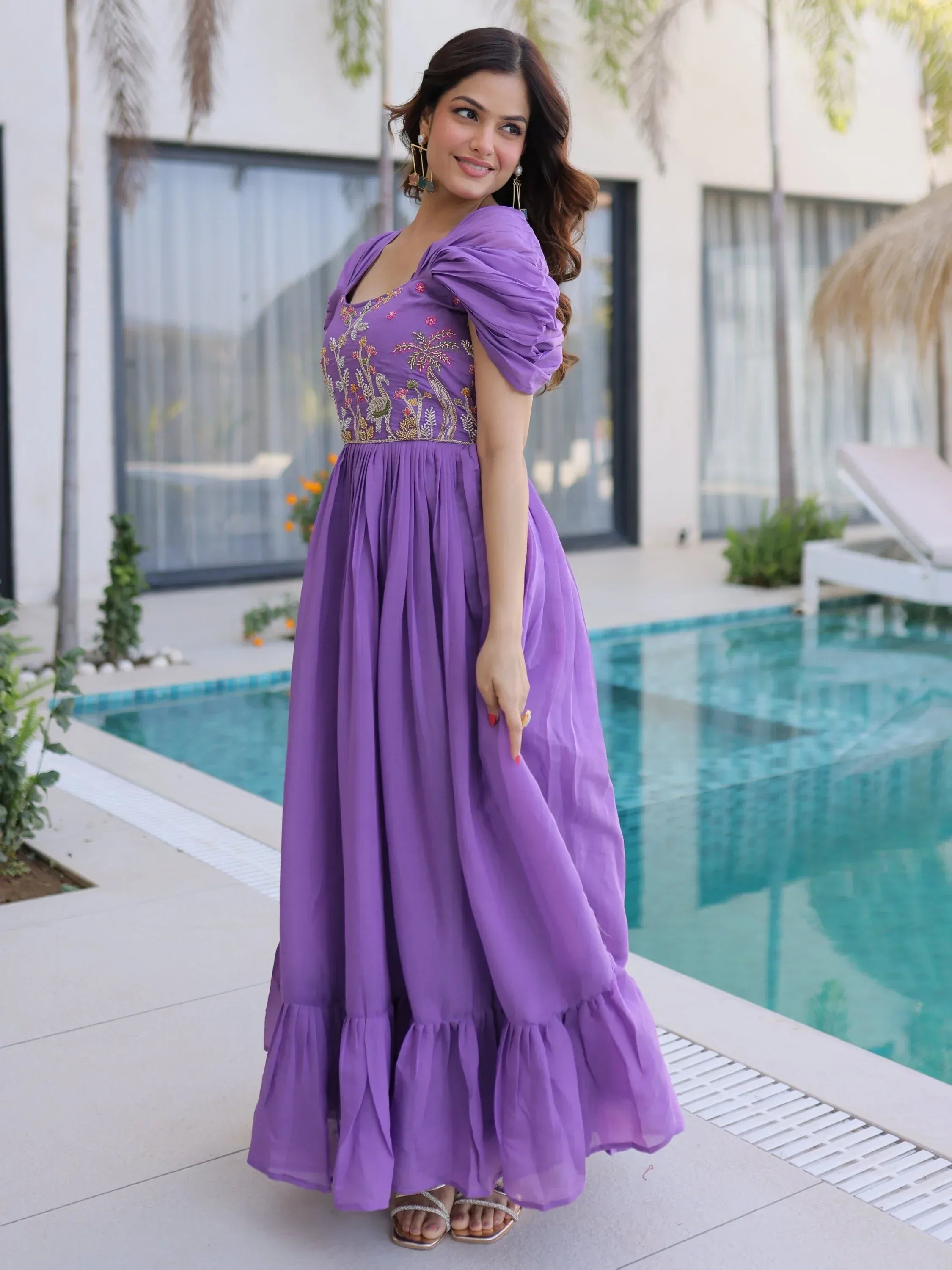 Notable Purple Bead Work Chanderi Festive Wear Dress