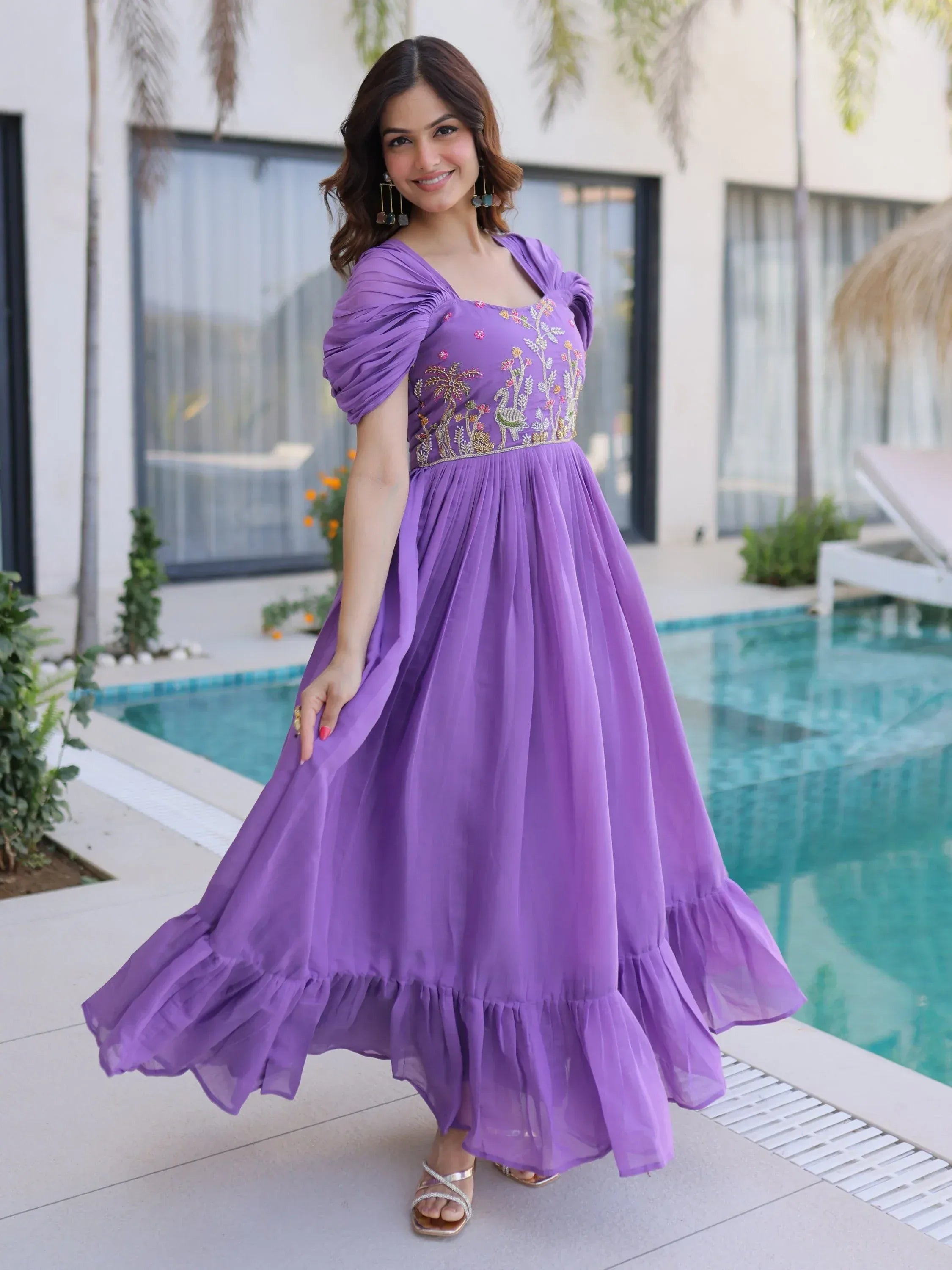 Notable Purple Bead Work Chanderi Festive Wear Dress