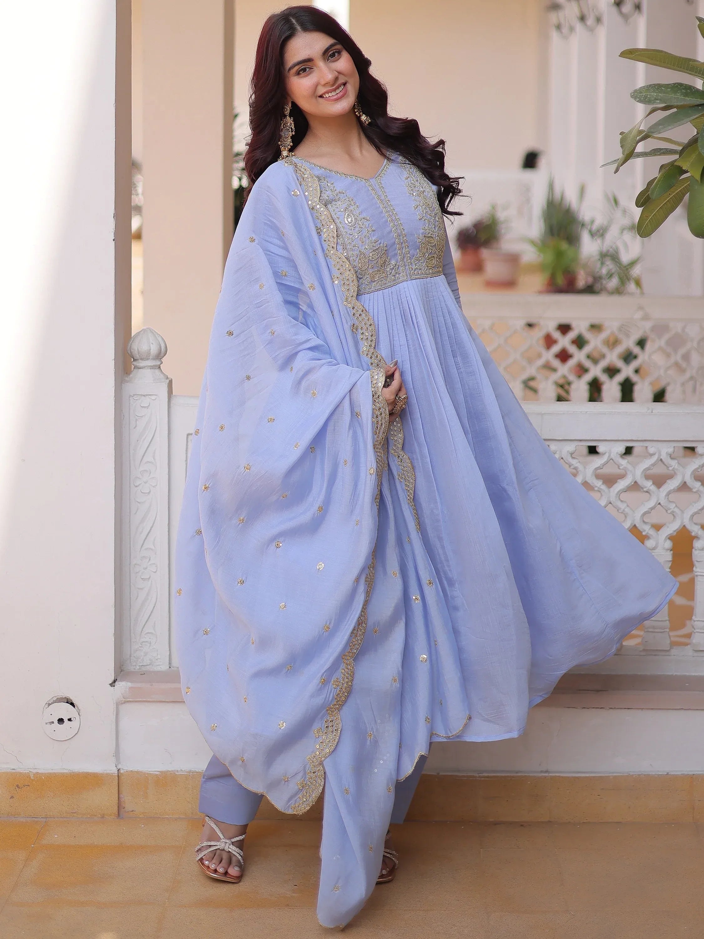 Awesome Sky Blue Bead Embroidered Chanderi Event Wear Salwar Kameez