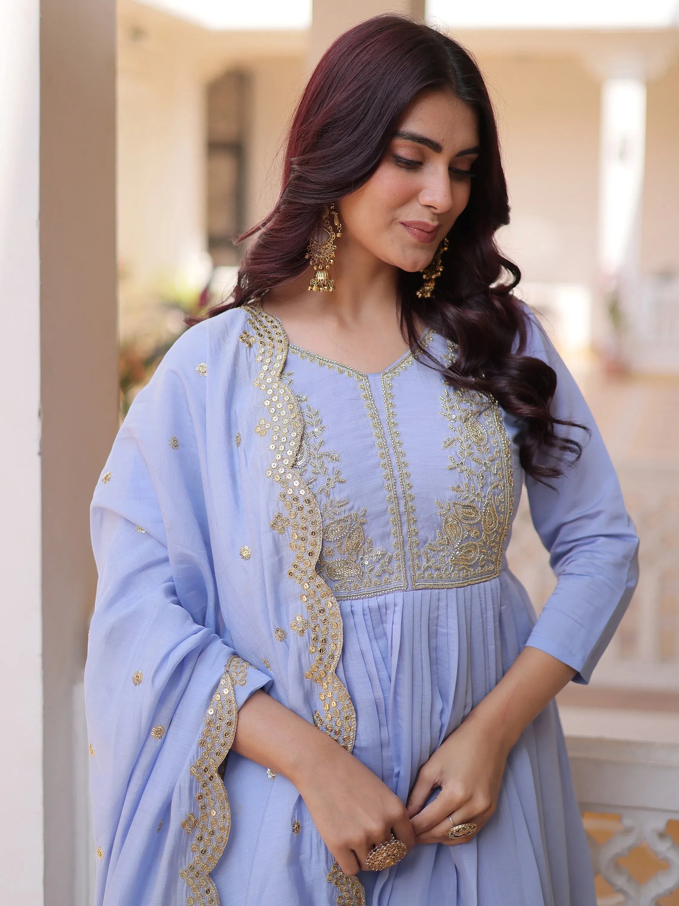 Awesome Sky Blue Bead Embroidered Chanderi Event Wear Salwar Kameez