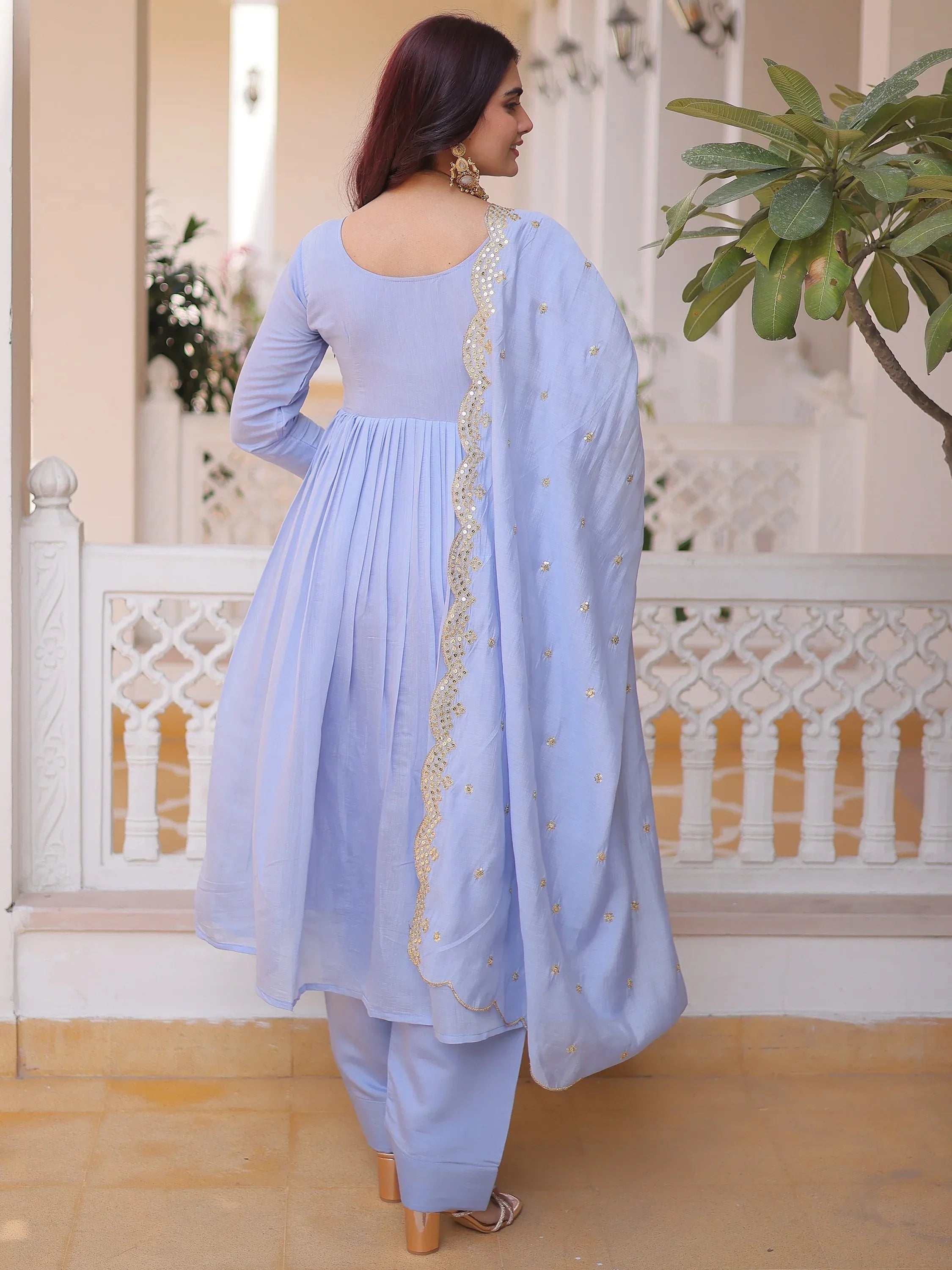 Awesome Sky Blue Bead Embroidered Chanderi Event Wear Salwar Kameez