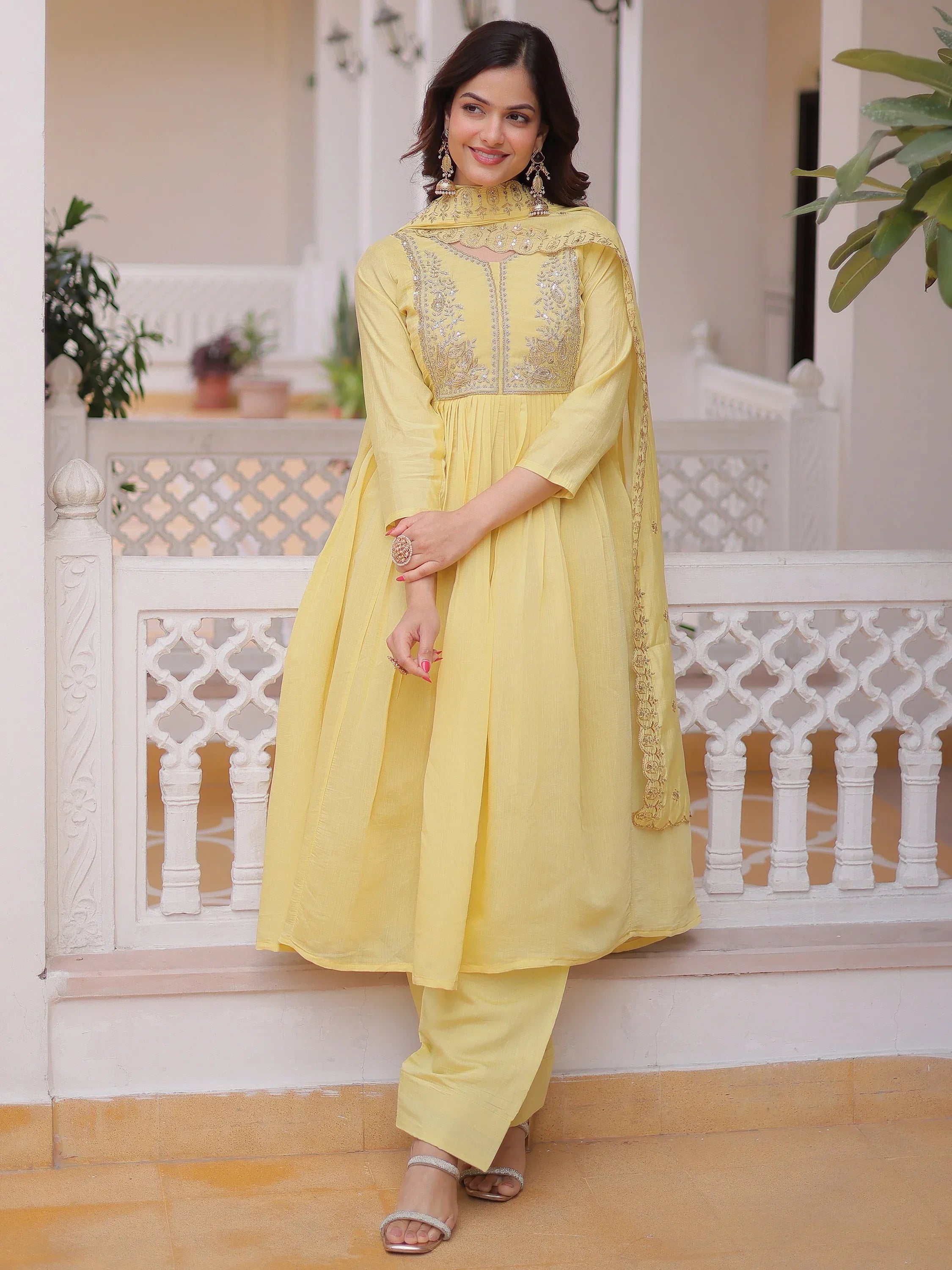 Superb Yellow Bead Embroidered Chanderi Haldi Wear Salwar Kameez