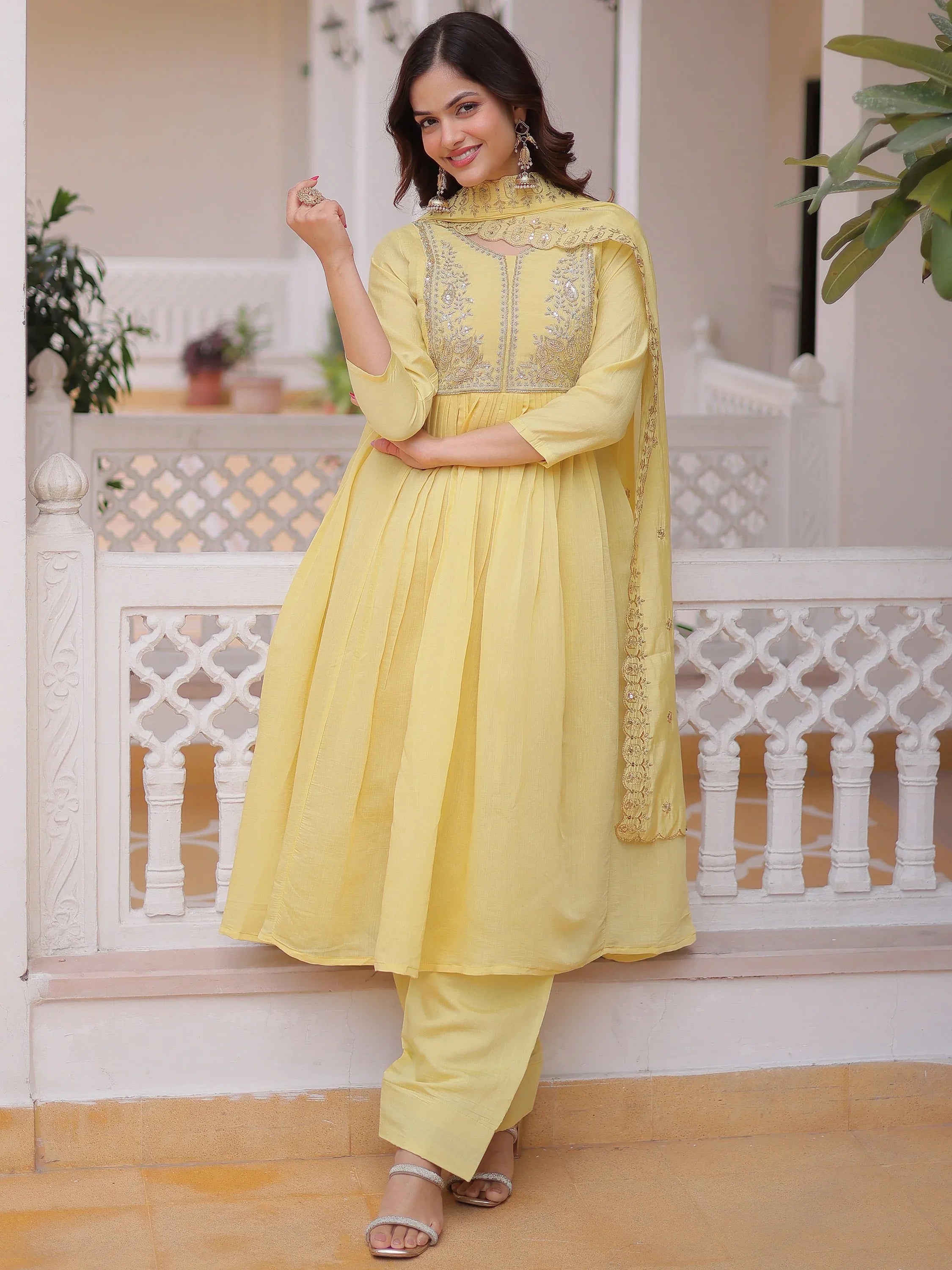 Superb Yellow Bead Embroidered Chanderi Haldi Wear Salwar Kameez