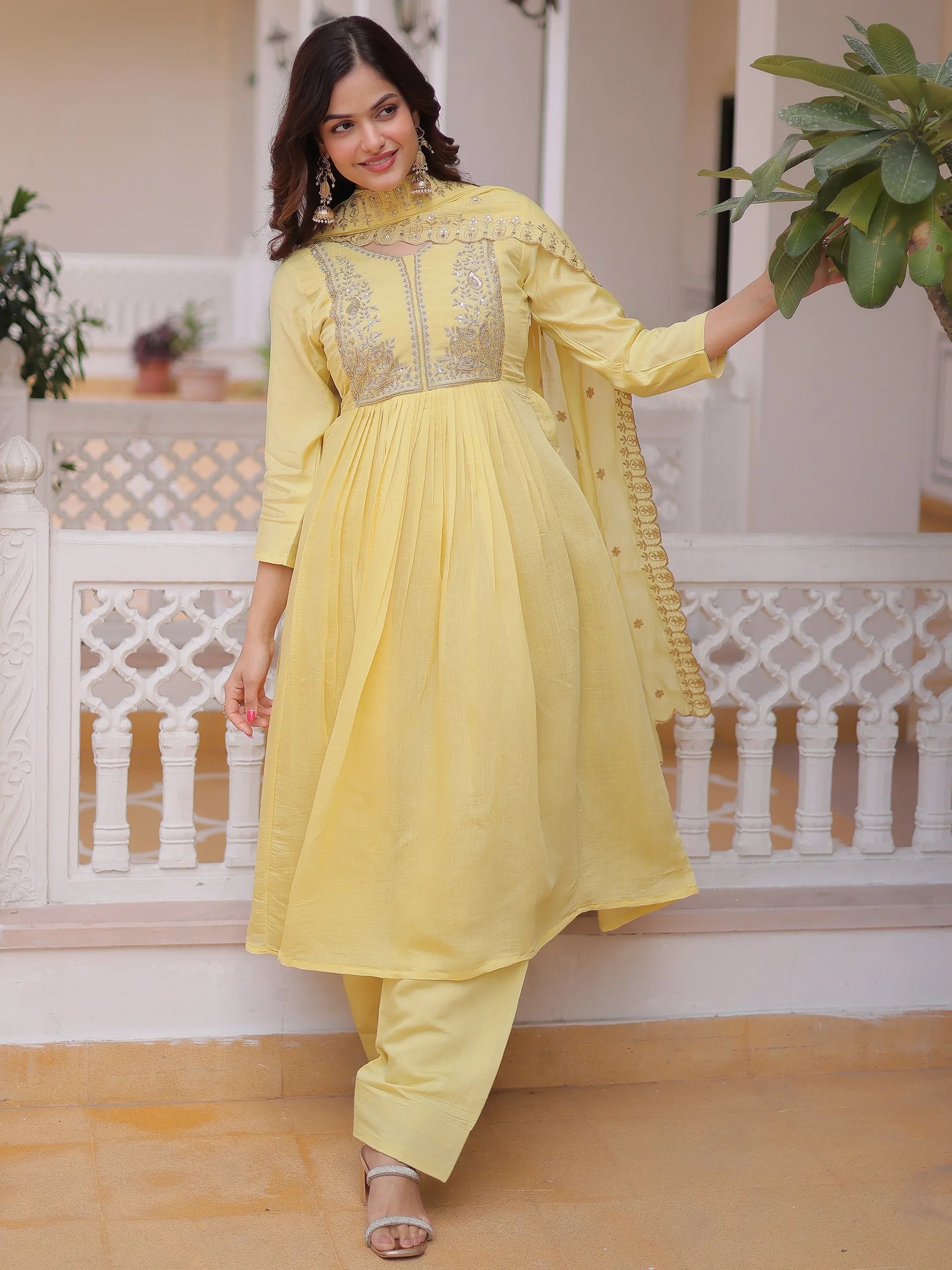 Superb Yellow Bead Embroidered Chanderi Haldi Wear Salwar Kameez