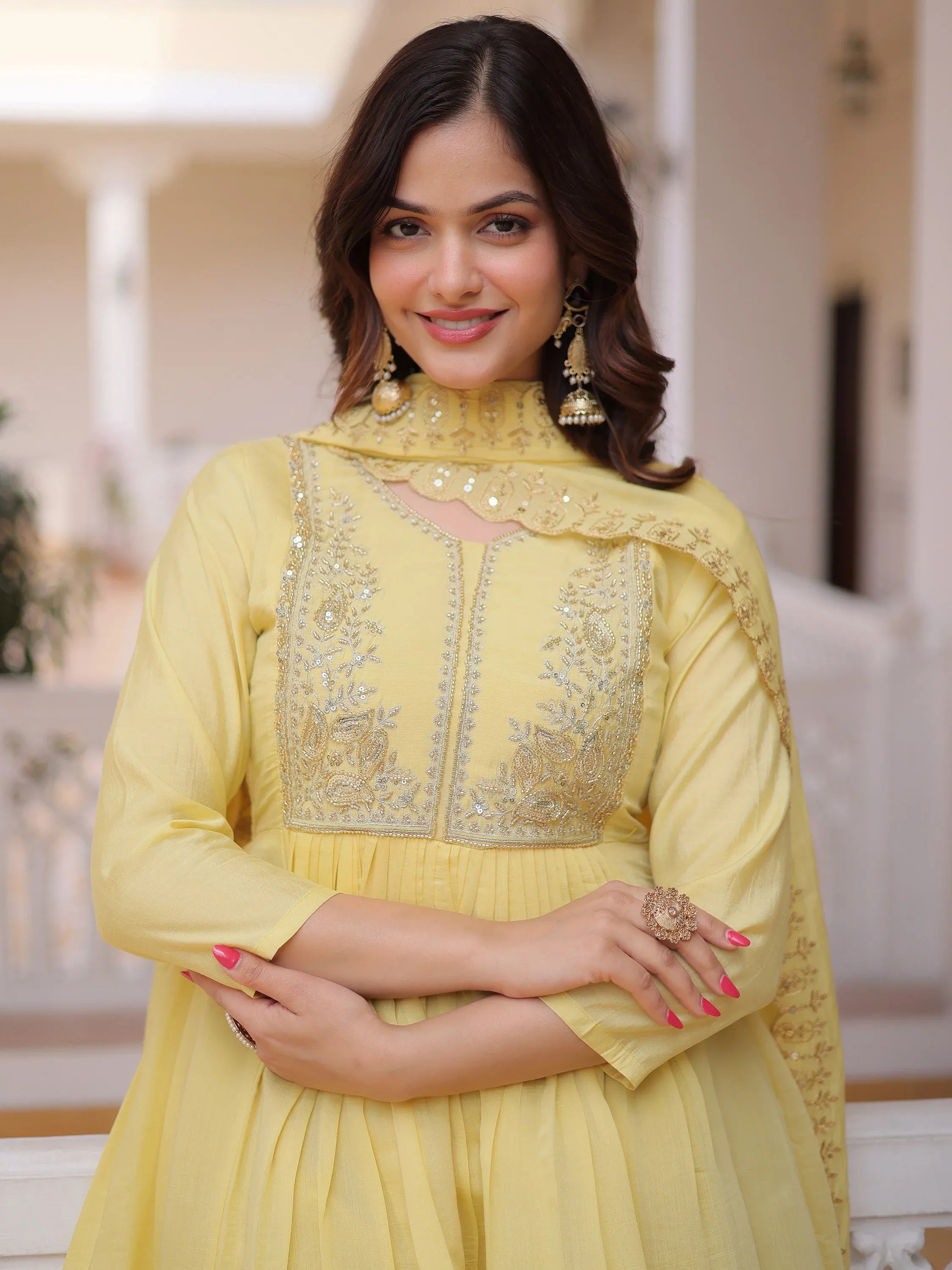 Superb Yellow Bead Embroidered Chanderi Haldi Wear Salwar Kameez