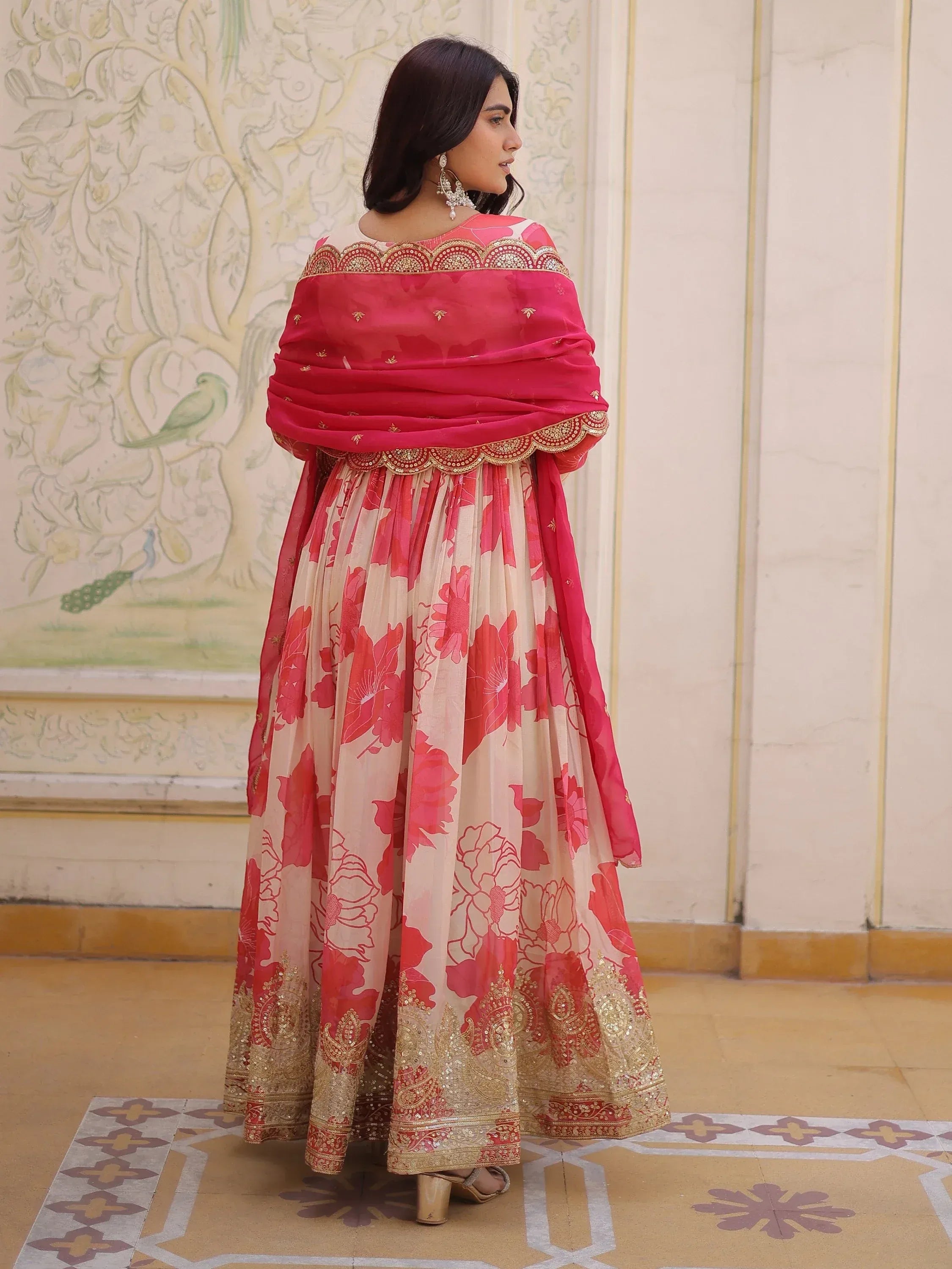 Beautiful Cream Floral Printed Silk Engagement Wear Anarkali Gown