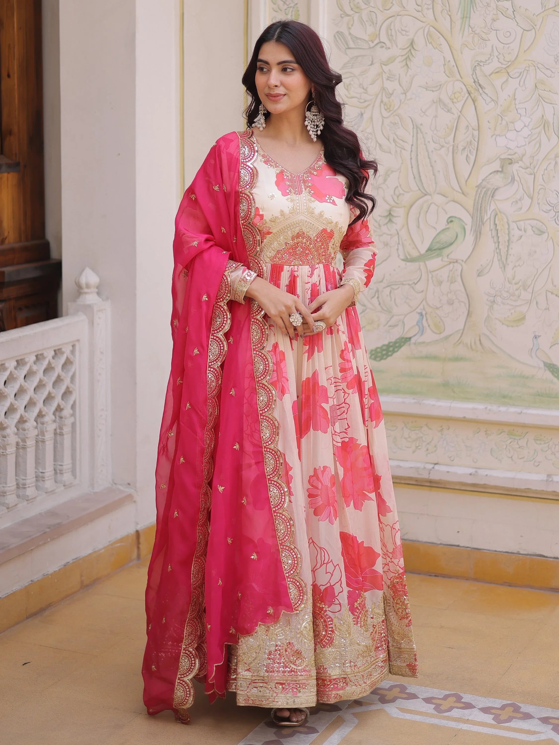 Buy Beautiful Cream Floral Print Silk Anarkali Gown From Ethnic Plus XL