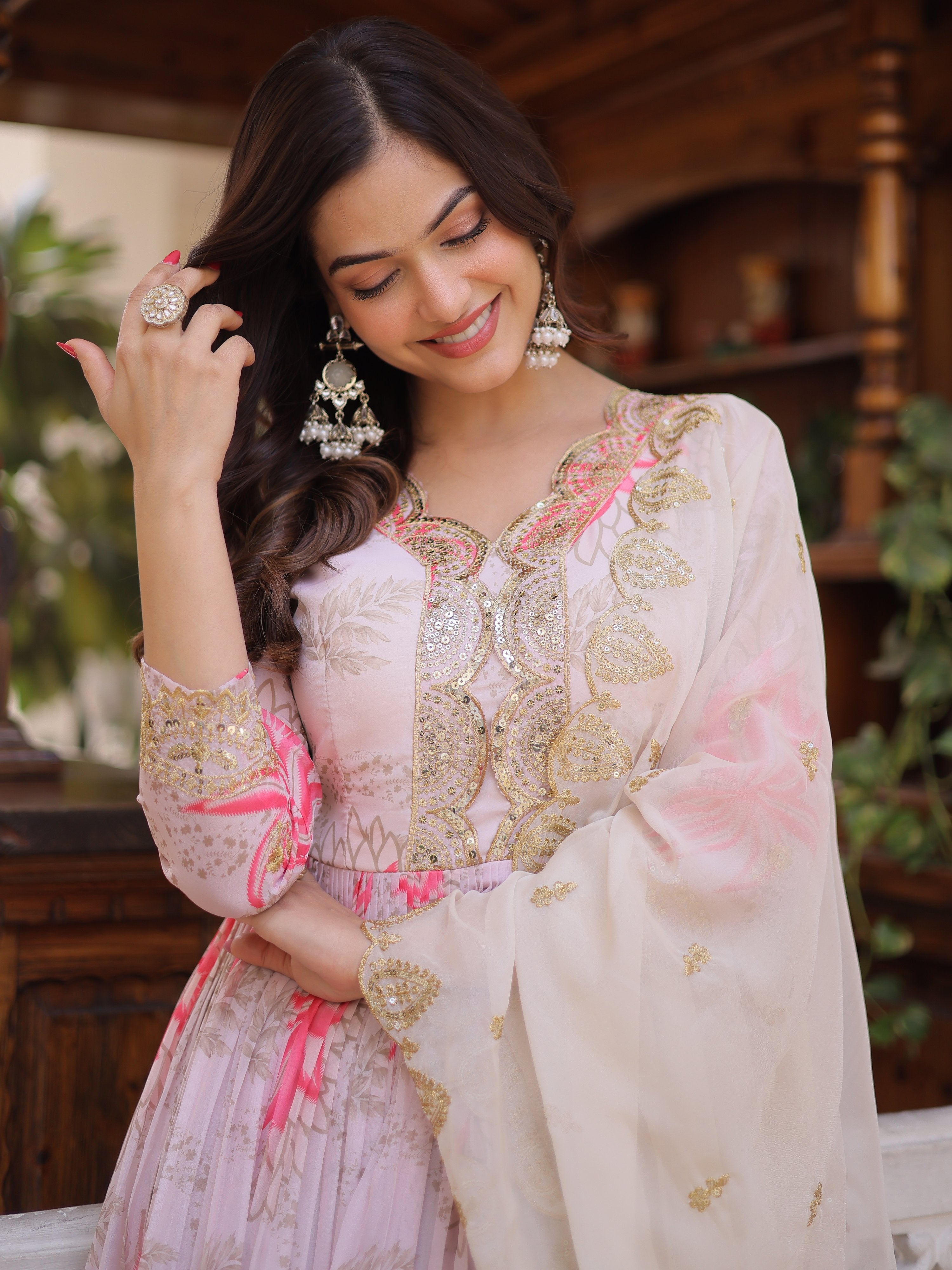 Stupendous Cream Floral Printed Silk Festive Wear Gown With Dupatta