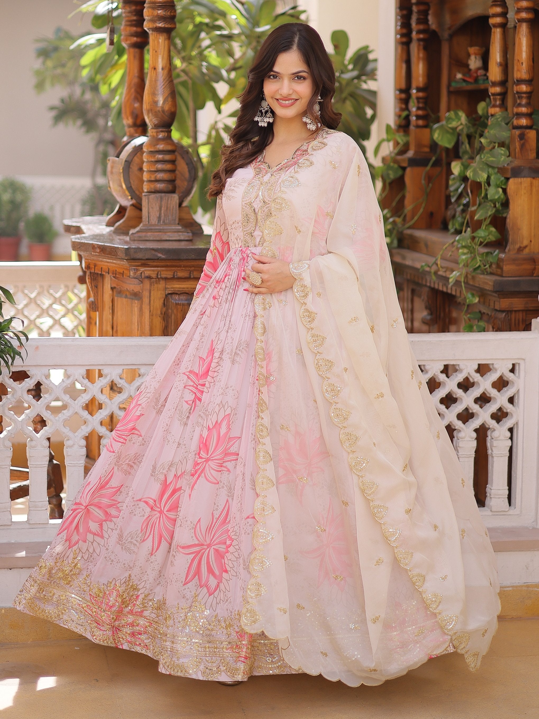 Stupendous Cream Floral Printed Silk Festive Wear Gown With Dupatta