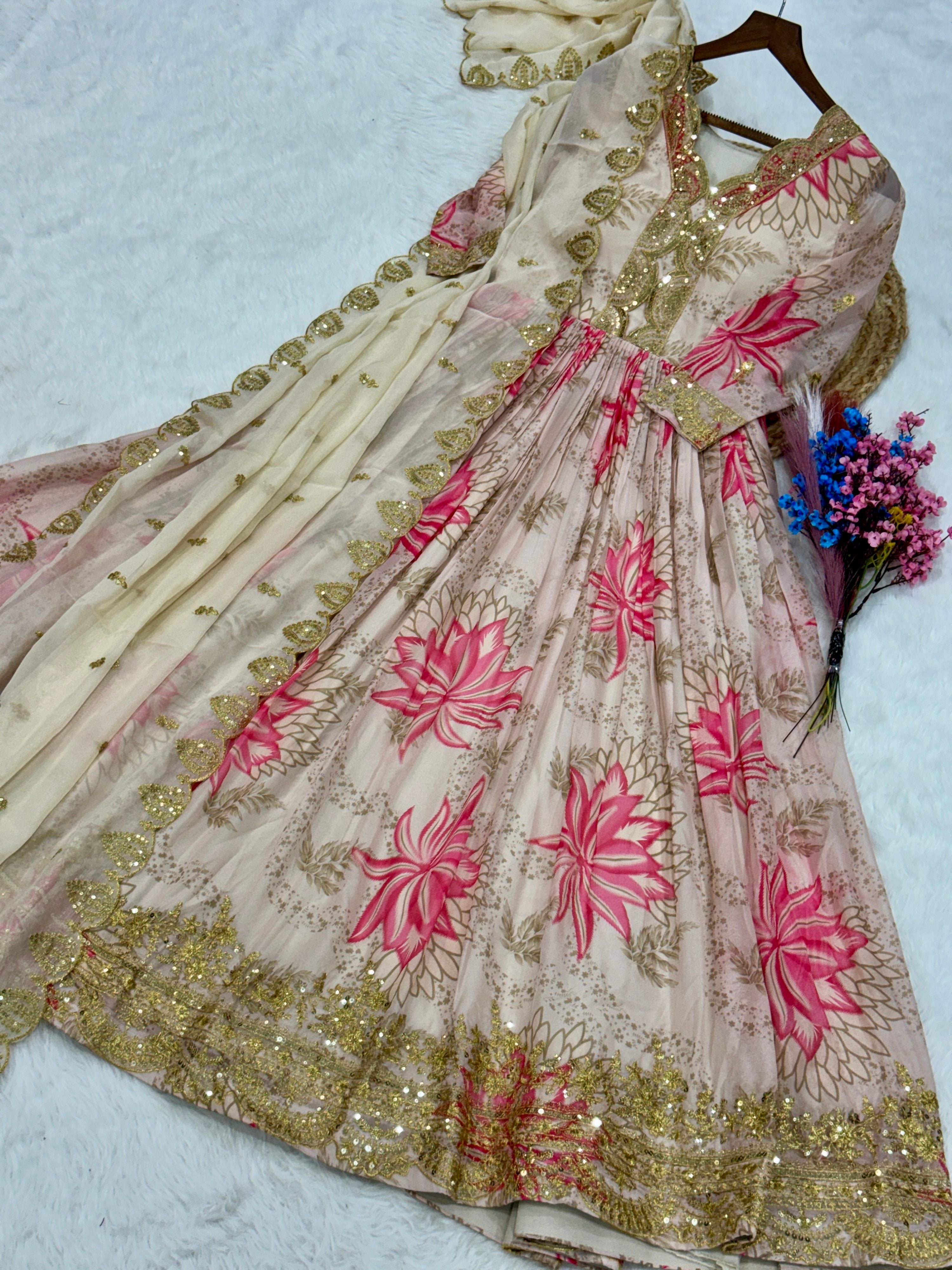 Stupendous Cream Floral Printed Silk Festive Wear Gown With Dupatta