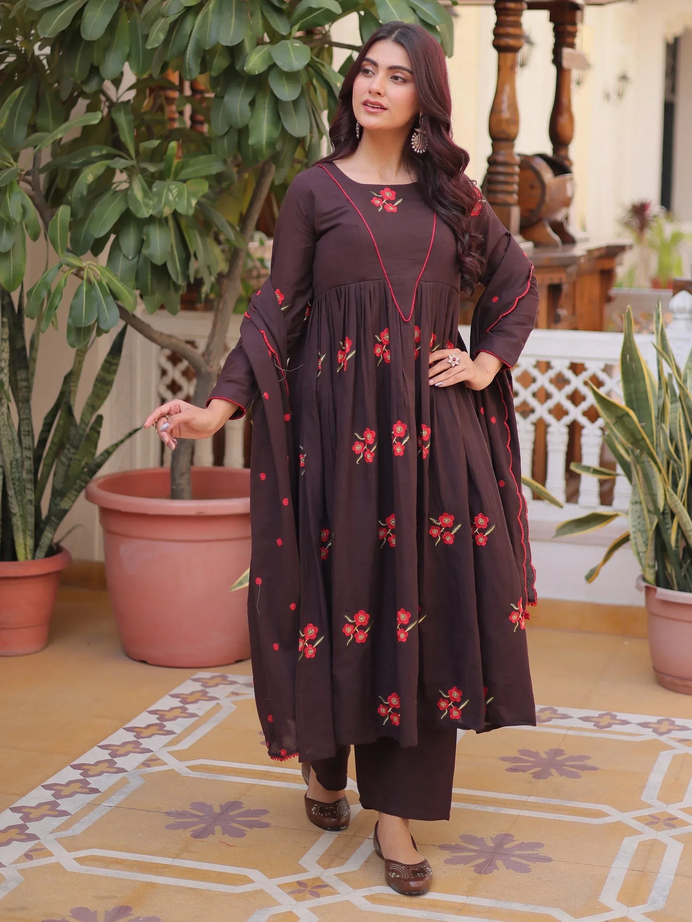 Exclusive Brown Floral Embroidered Cotton Summer Special Pant Suit