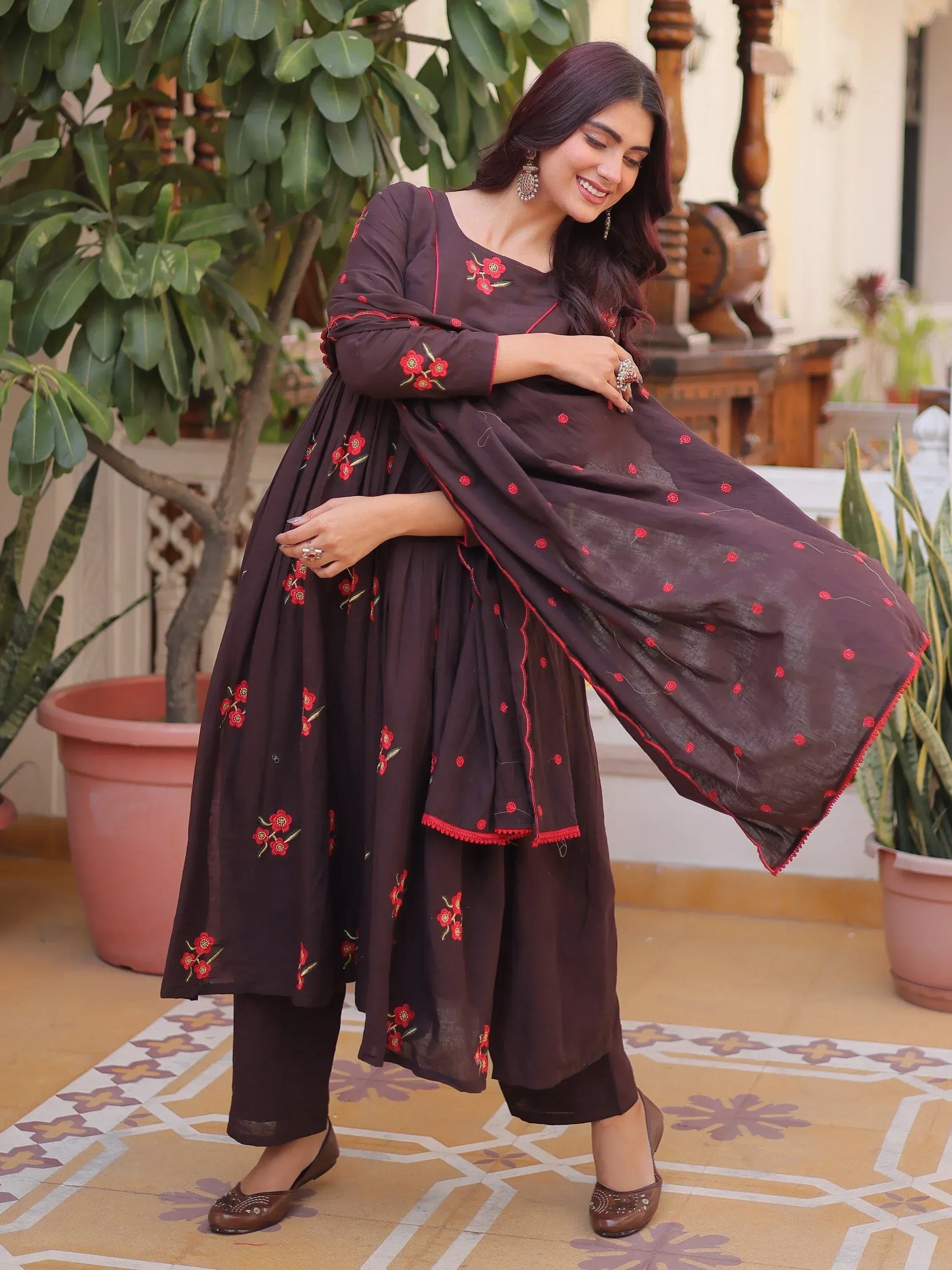 Exclusive Brown Floral Embroidered Cotton Summer Special Pant Suit