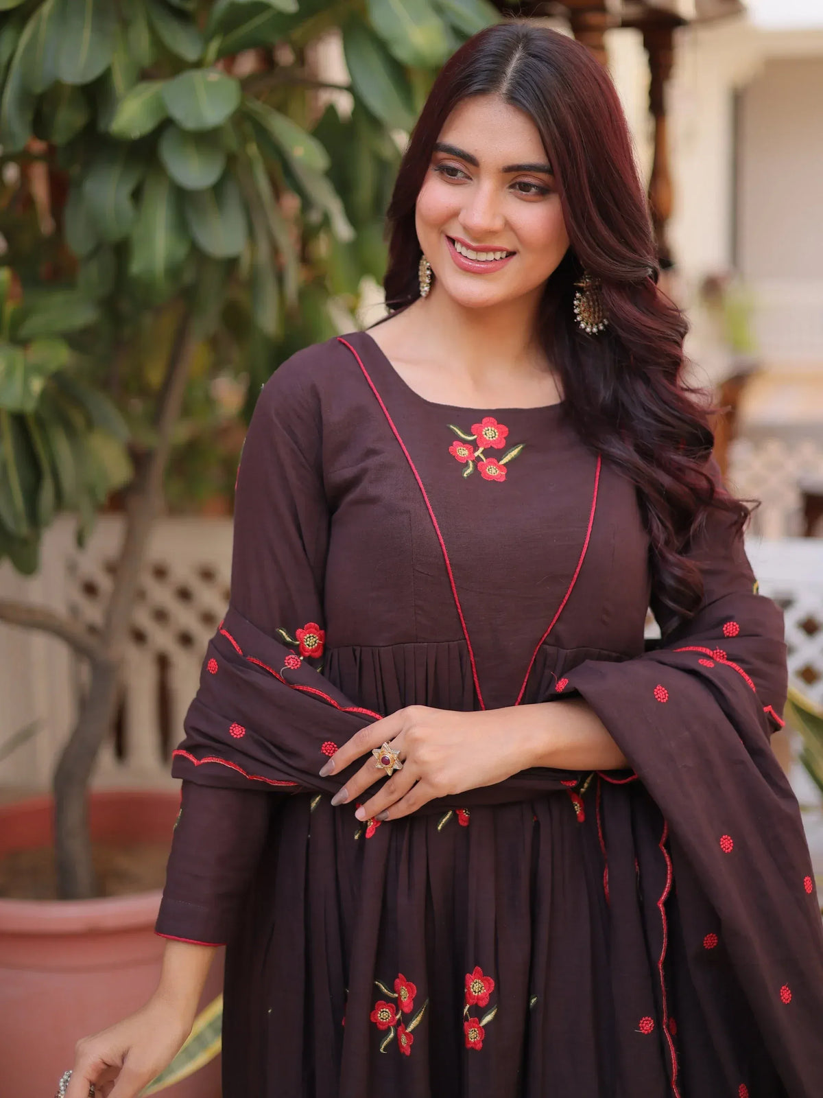 Exclusive Brown Floral Embroidered Cotton Summer Special Pant Suit