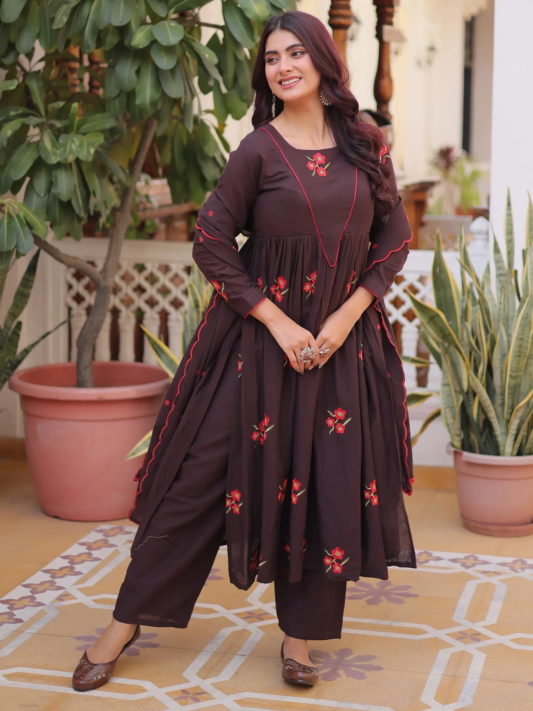 Exclusive Brown Floral Embroidered Cotton Summer Special Pant Suit