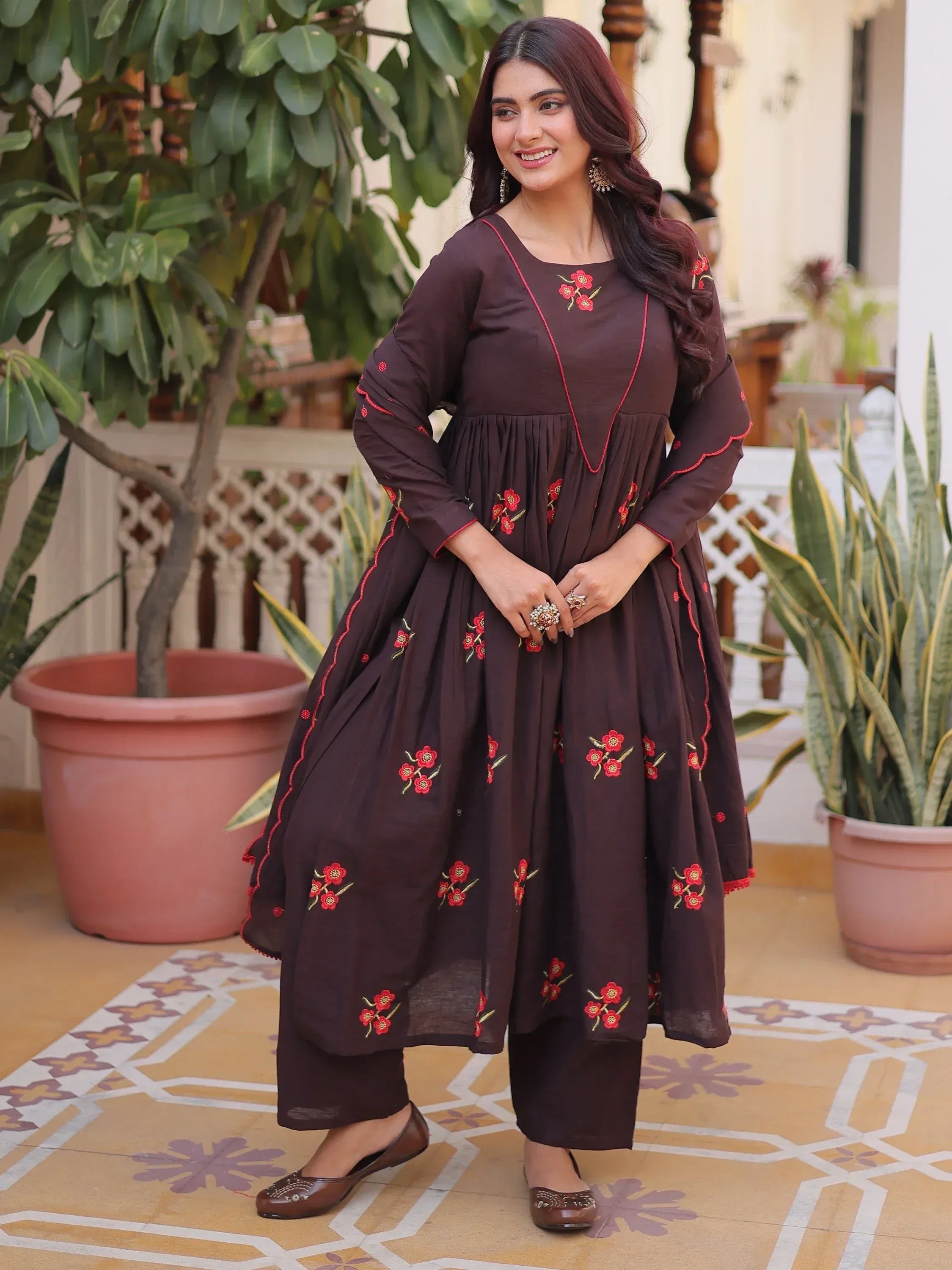 Exclusive Brown Floral Embroidered Cotton Summer Special Pant Suit