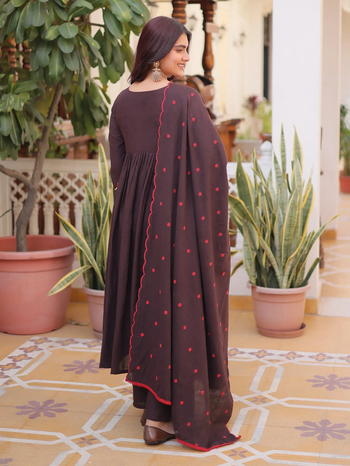 Exclusive Brown Floral Embroidered Cotton Summer Special Pant Suit
