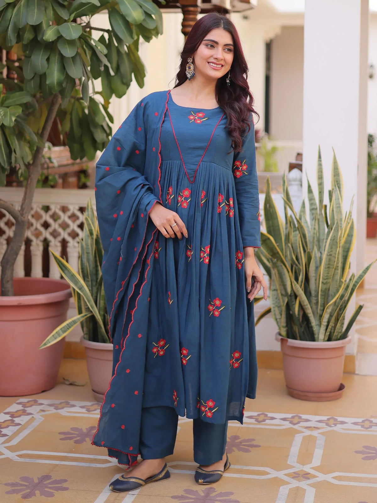 Dazzling Teal Blue Embroidered Cotton Festive Wear Pant Suit