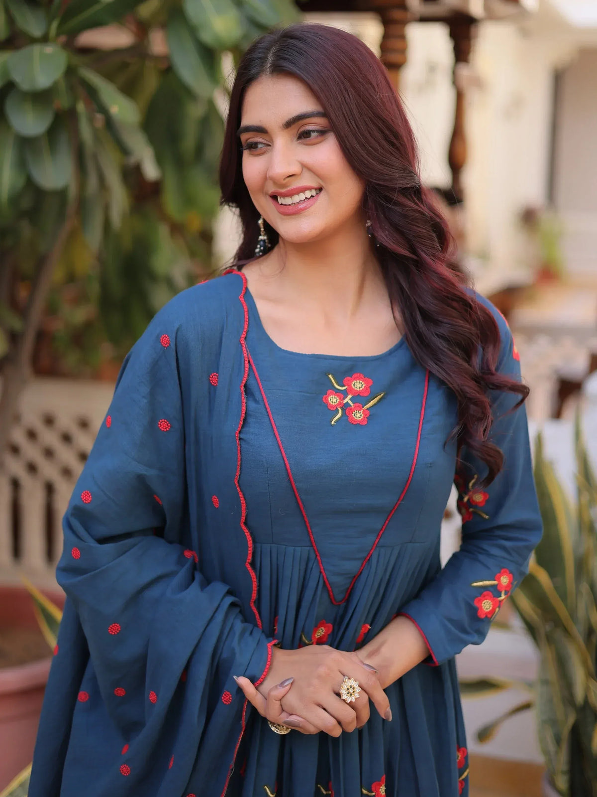 Dazzling Teal Blue Embroidered Cotton Festive Wear Pant Suit