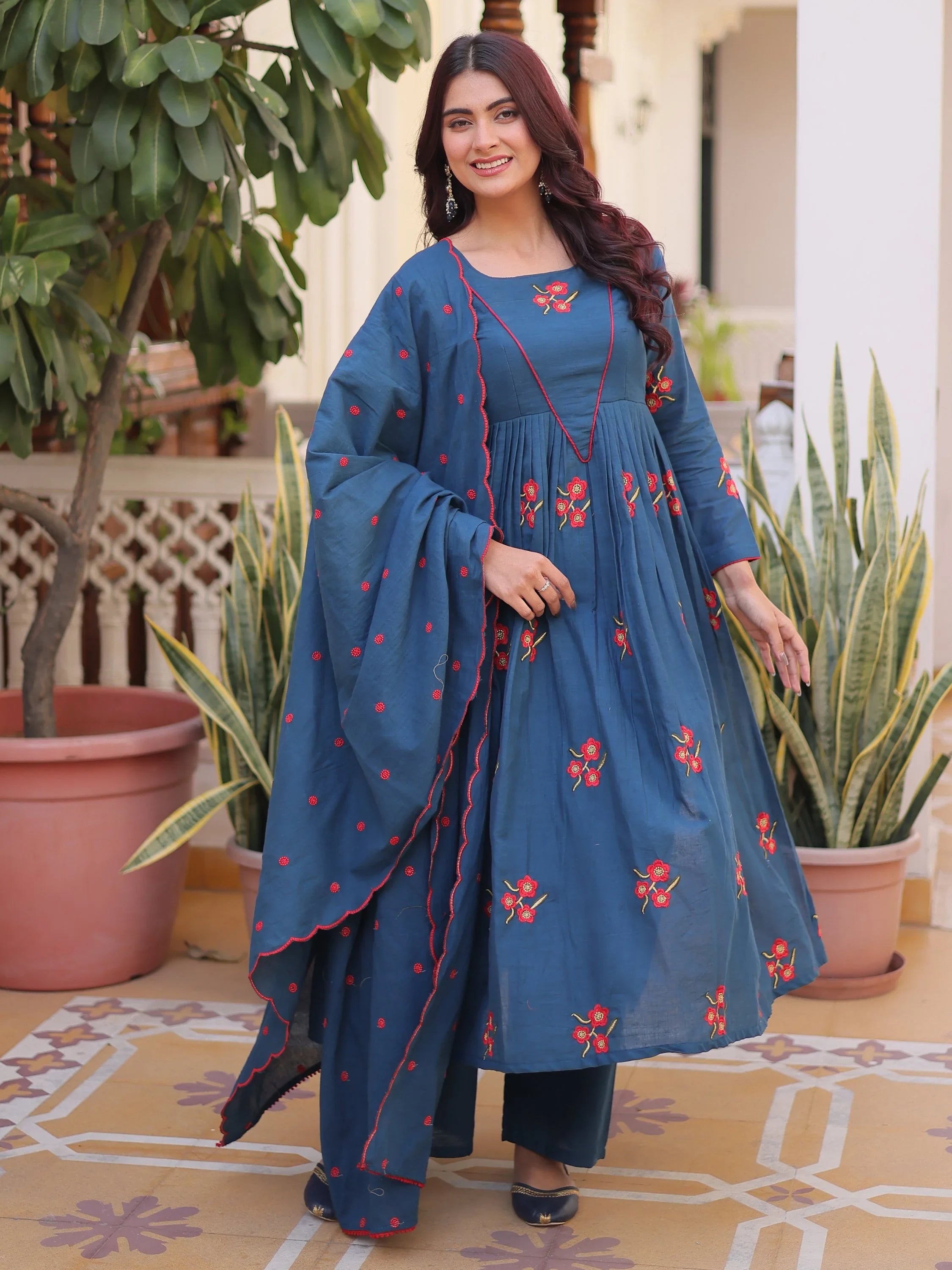 Dazzling Teal Blue Embroidered Cotton Festive Wear Pant Suit