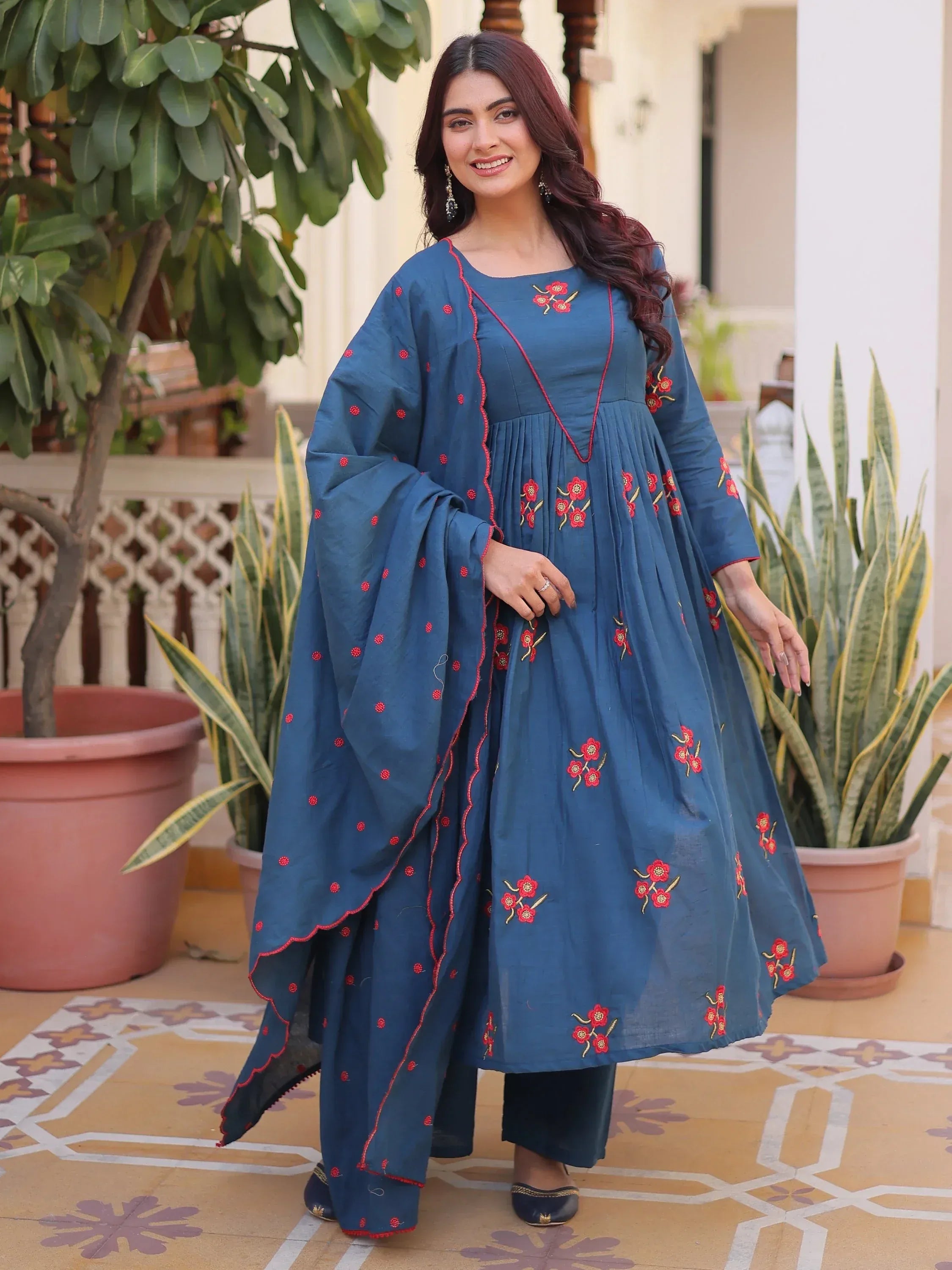Dazzling Teal Blue Embroidered Cotton Festive Wear Pant Suit