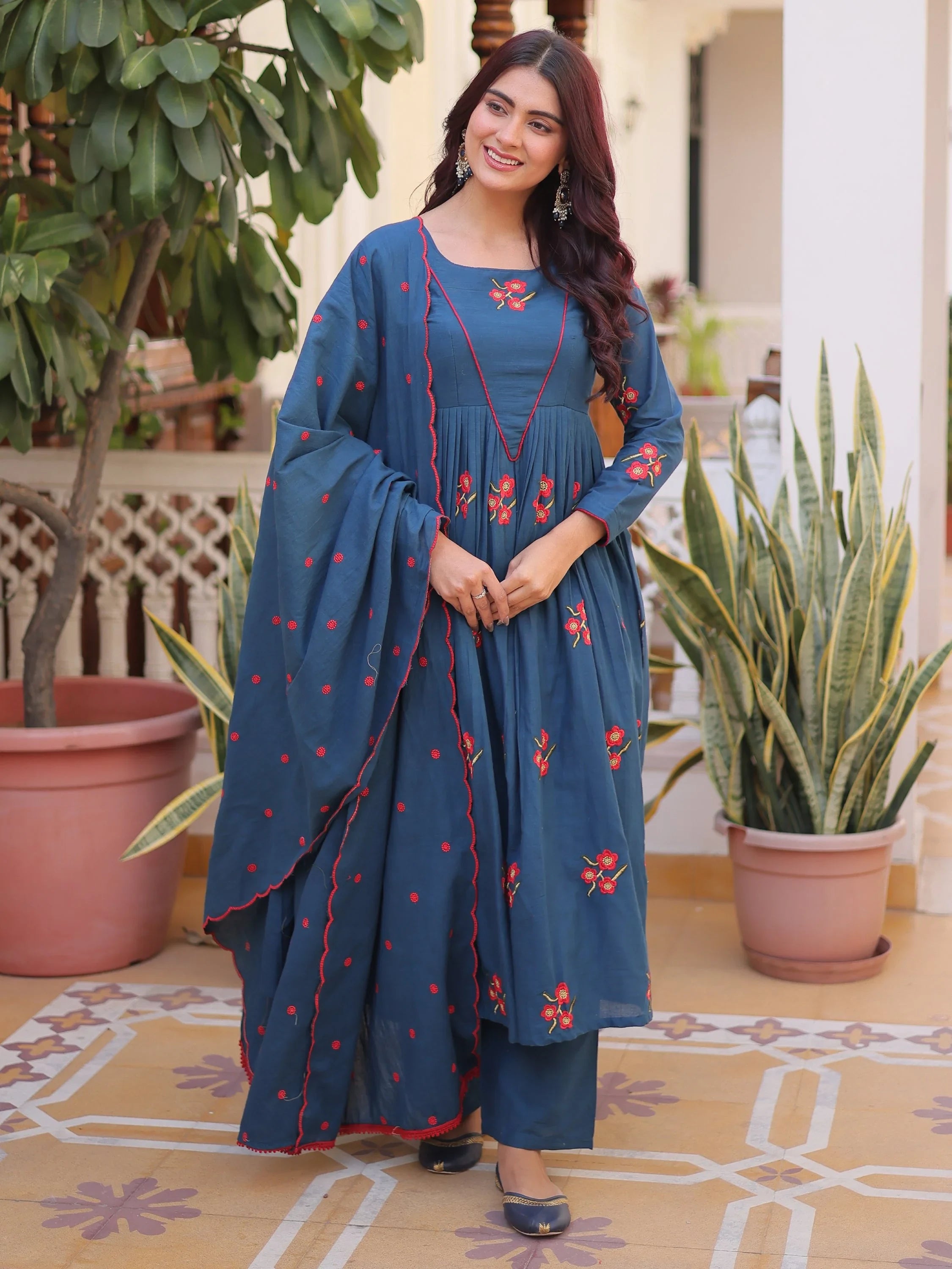 Dazzling Teal Blue Embroidered Cotton Festive Wear Pant Suit