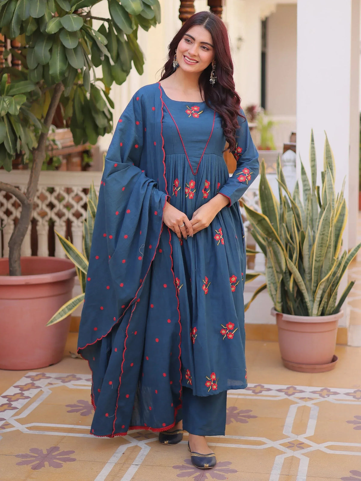 Dazzling Teal Blue Embroidered Cotton Festive Wear Pant Suit