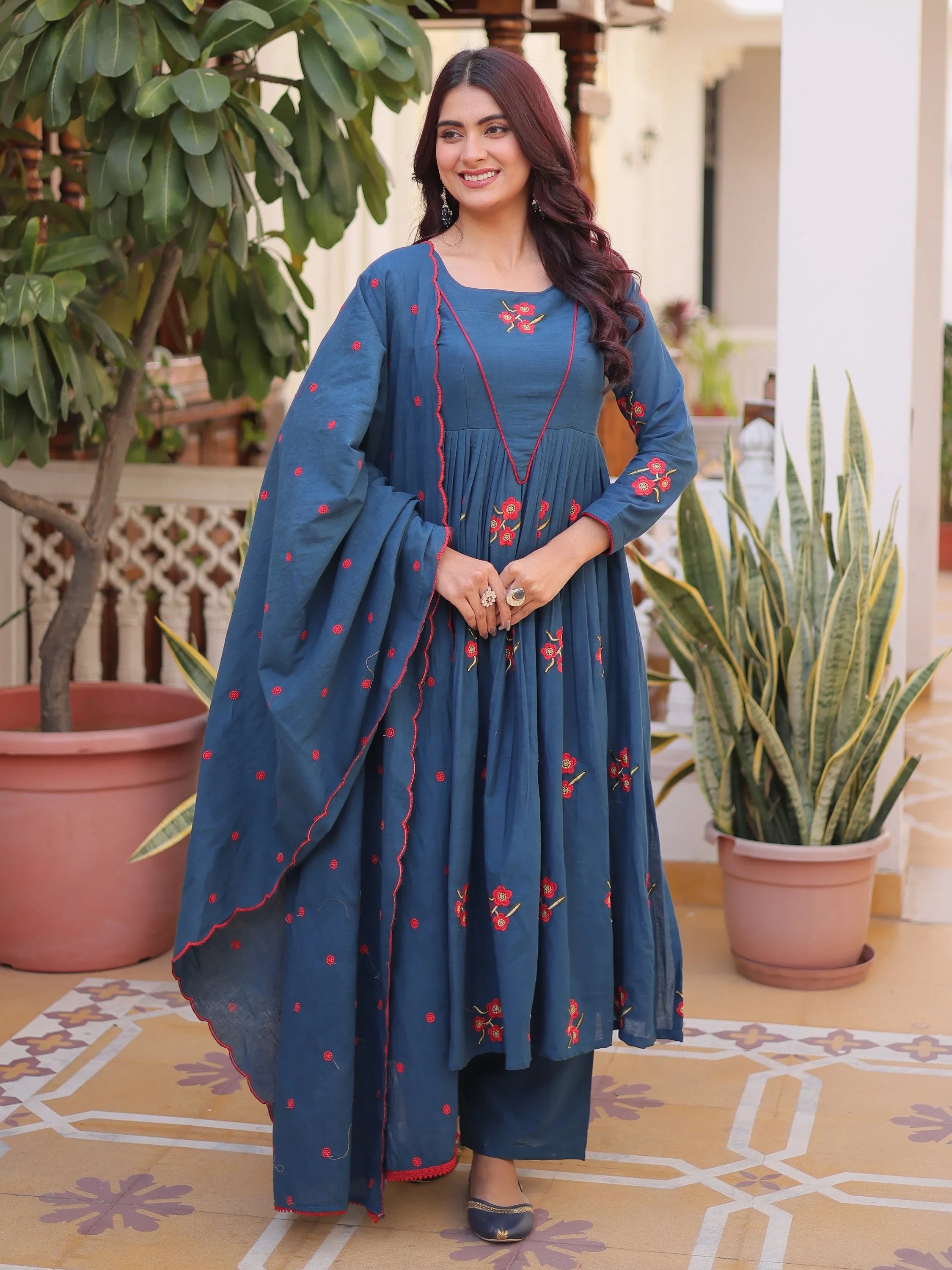 Dazzling Teal Blue Embroidered Cotton Festive Wear Pant Suit