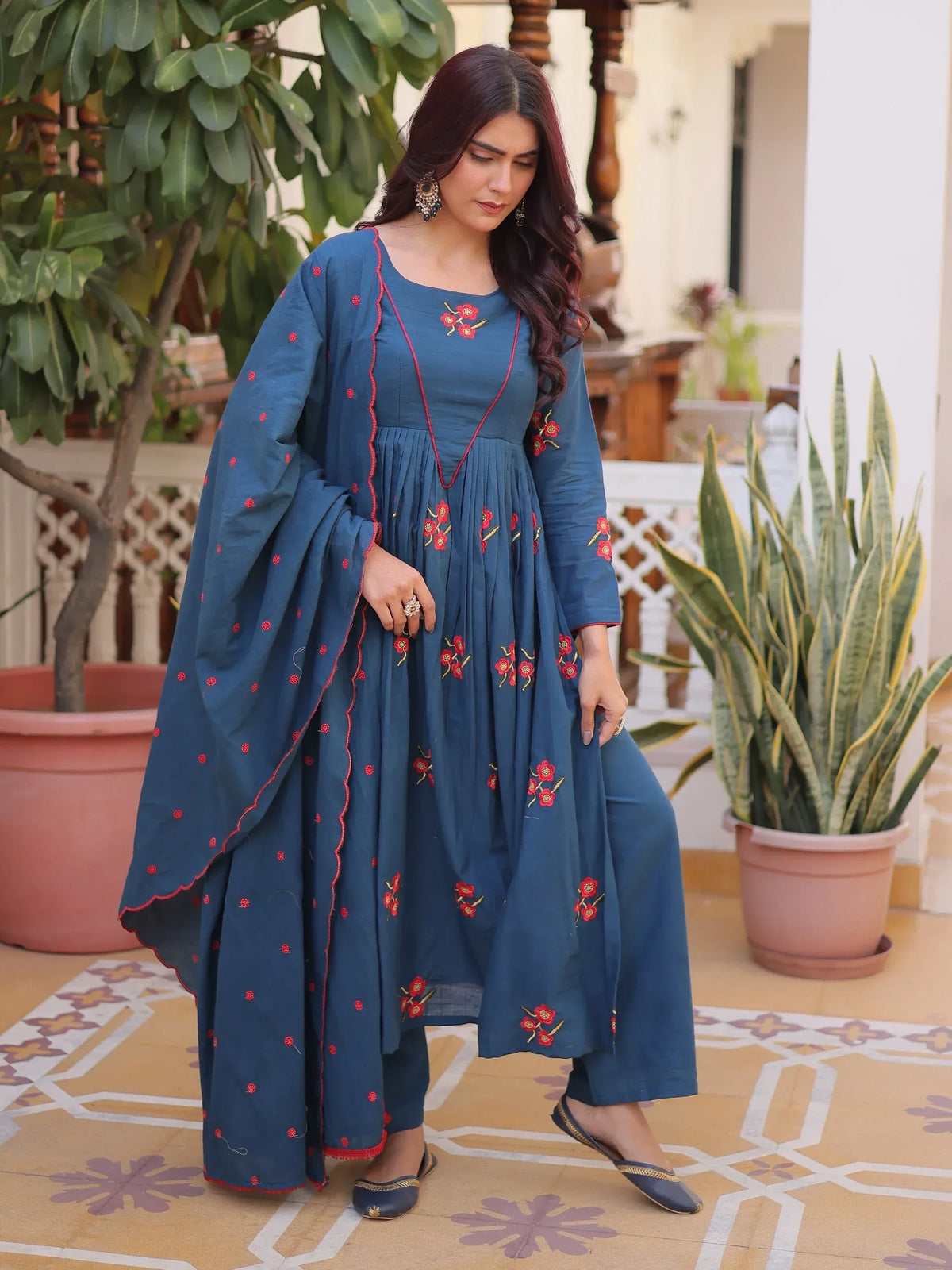 Dazzling Teal Blue Embroidered Cotton Festive Wear Pant Suit