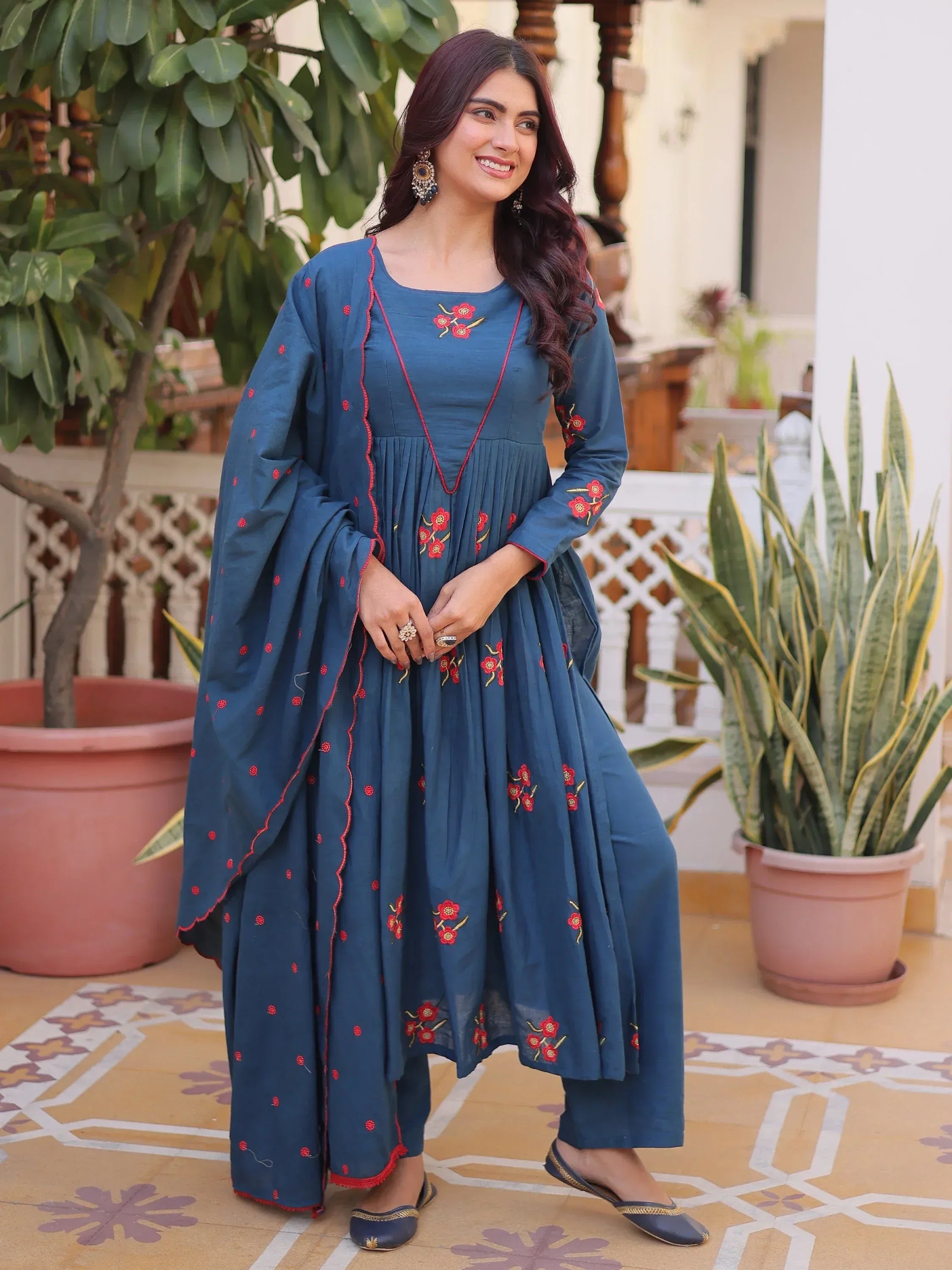 Dazzling Teal Blue Embroidered Cotton Festive Wear Pant Suit