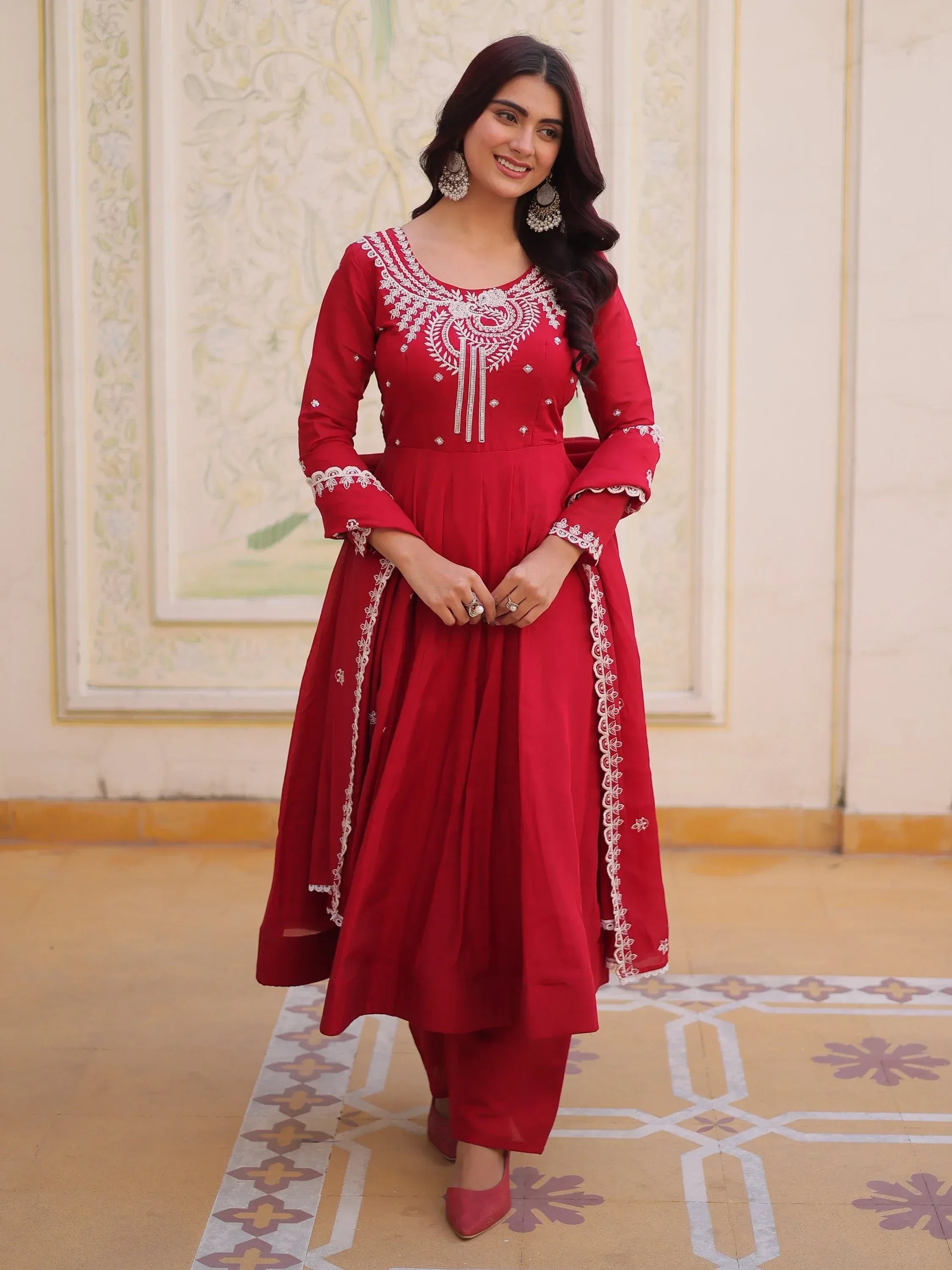 Lovable Red Bead Work Chanderi Engagement Wear Anarkali Pant Suit