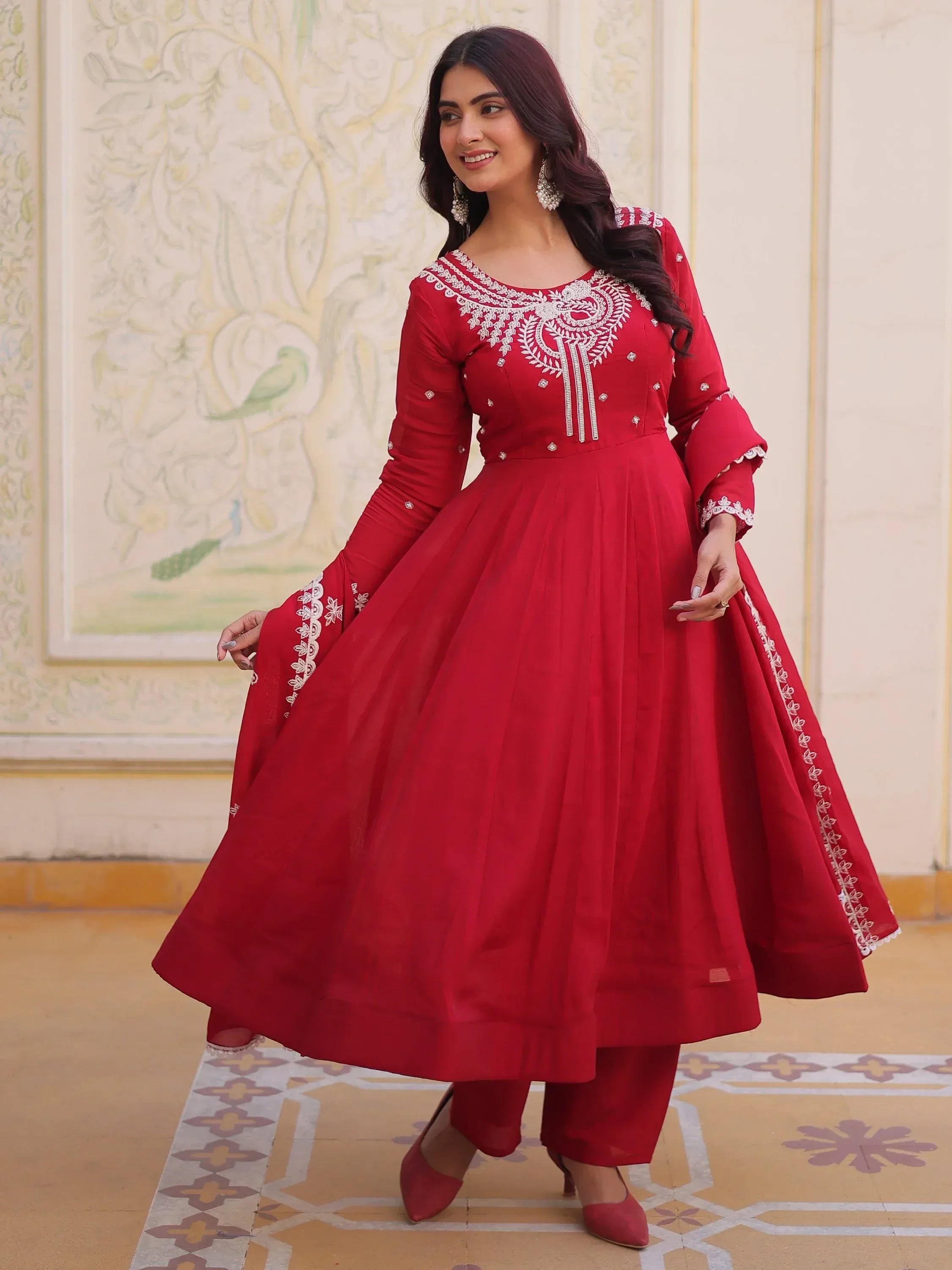 Lovable Red Bead Work Chanderi Engagement Wear Anarkali Pant Suit