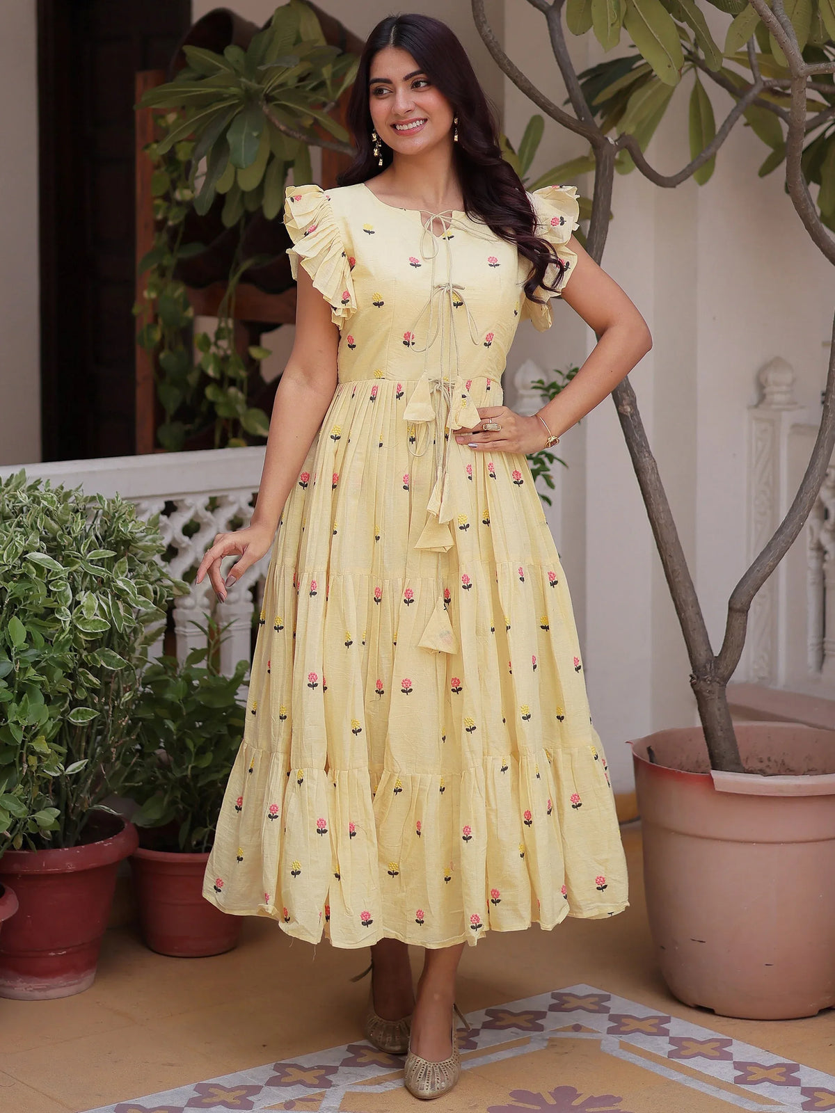 Incredible Cream Embroidered Cotton Daily Wear Dress