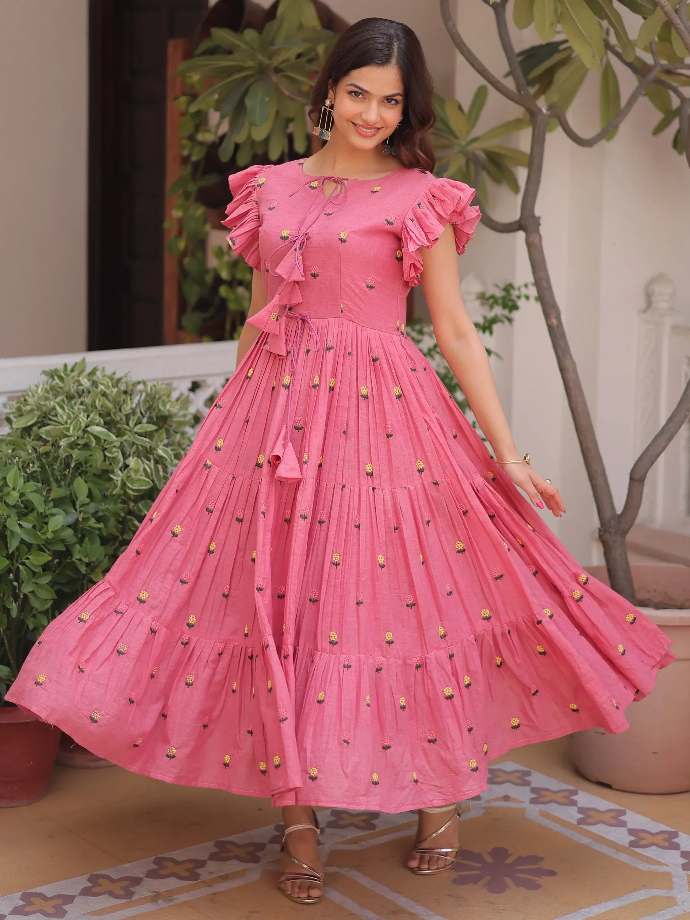 Pretty Pink Floral Embroidered Cotton Office Wear Dress