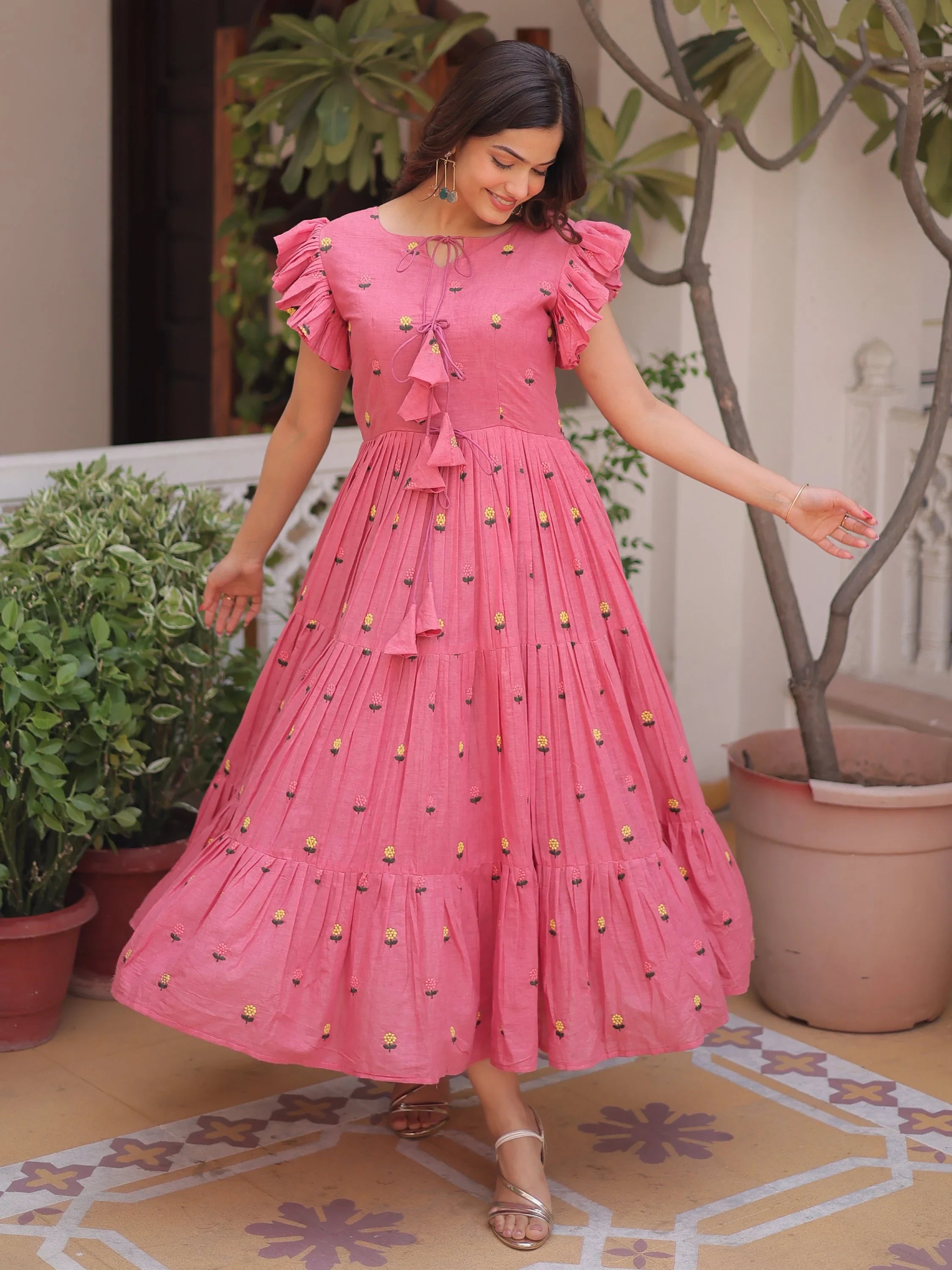 Shop Pretty Pink Floral Embroidered Cotton Dress From Ethnic Plus