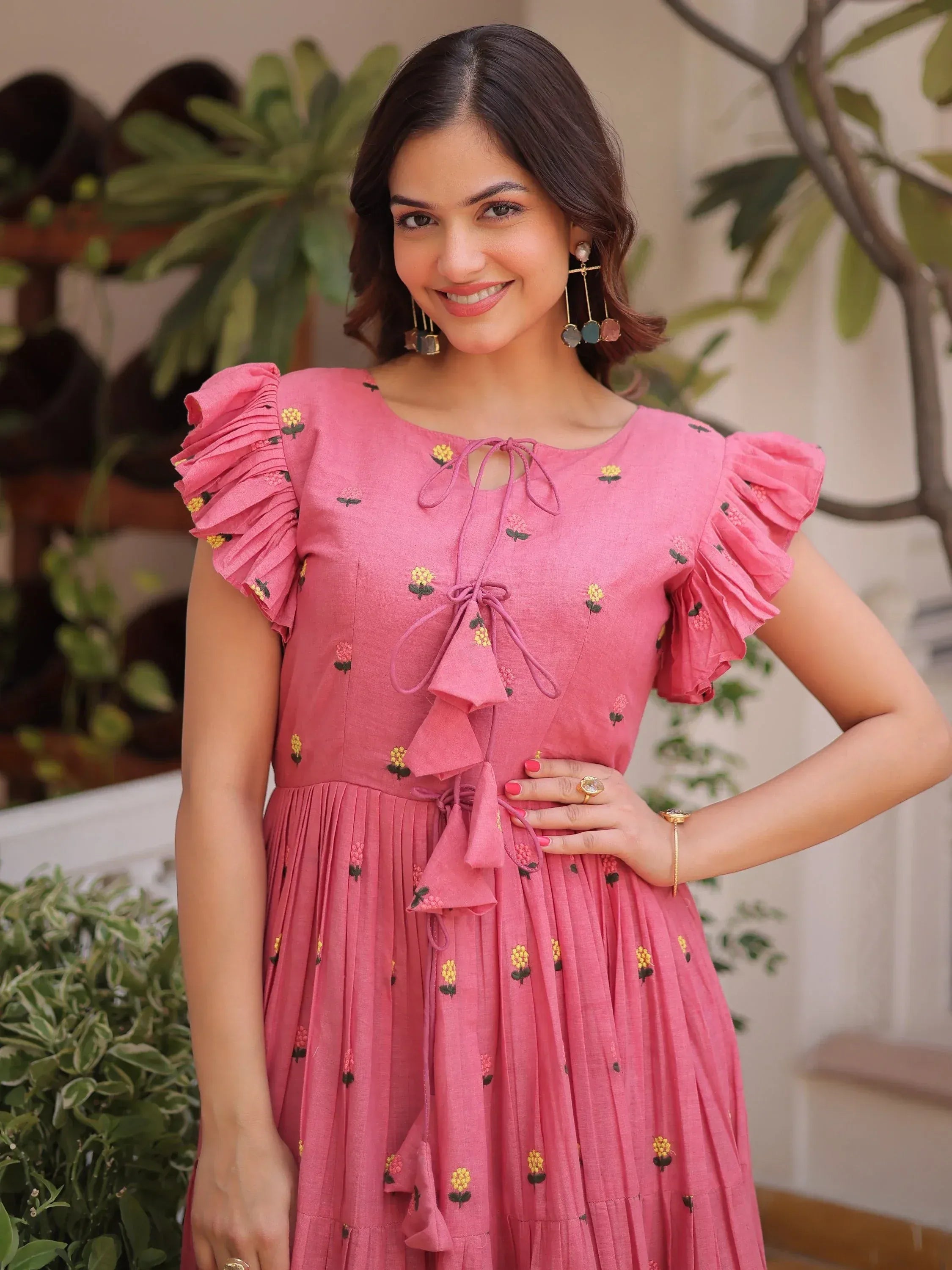Pretty Pink Floral Embroidered Cotton Office Wear Dress