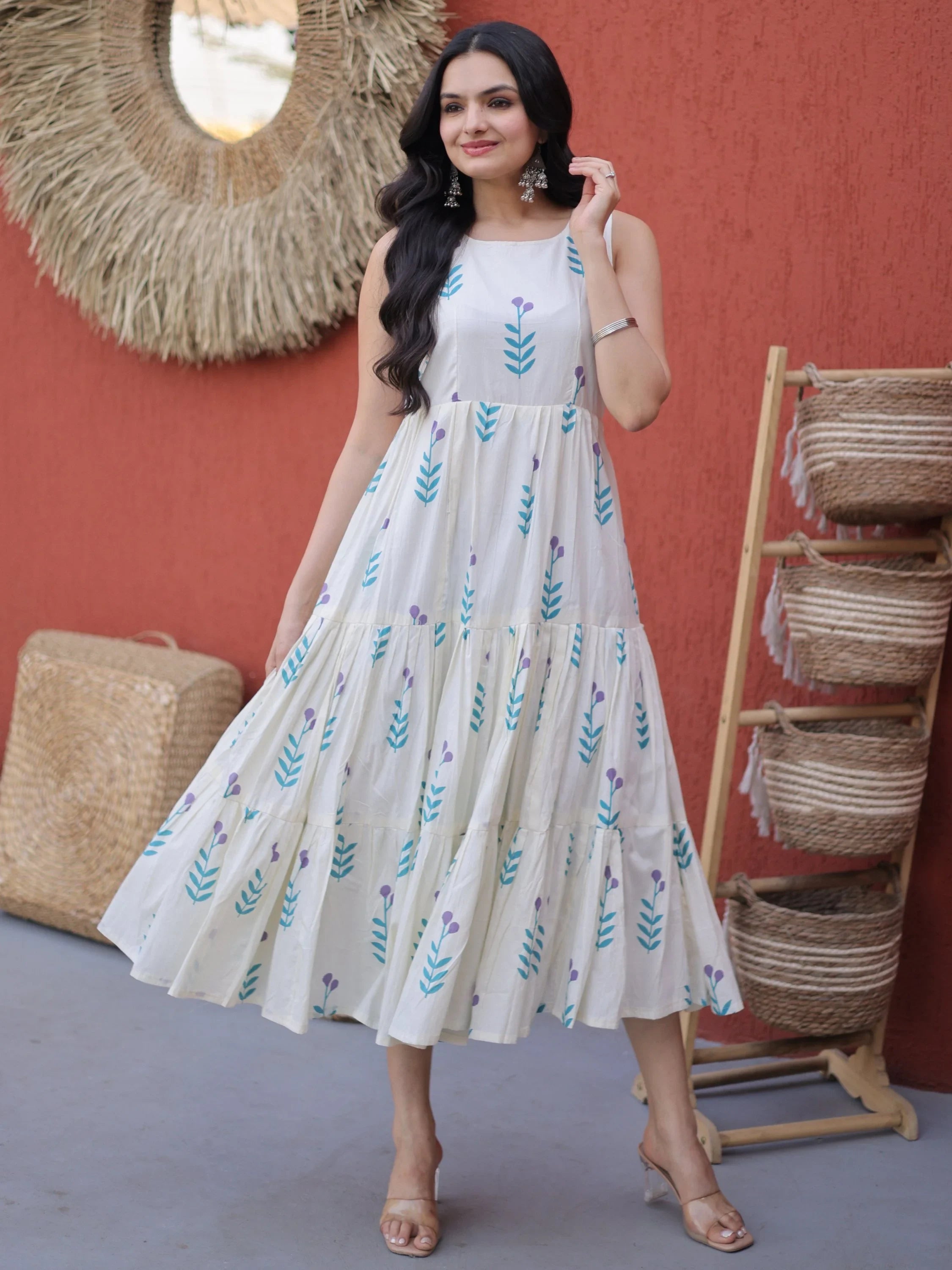 Fabulous Sky Blue Printed Cotton Daily Wear Dress