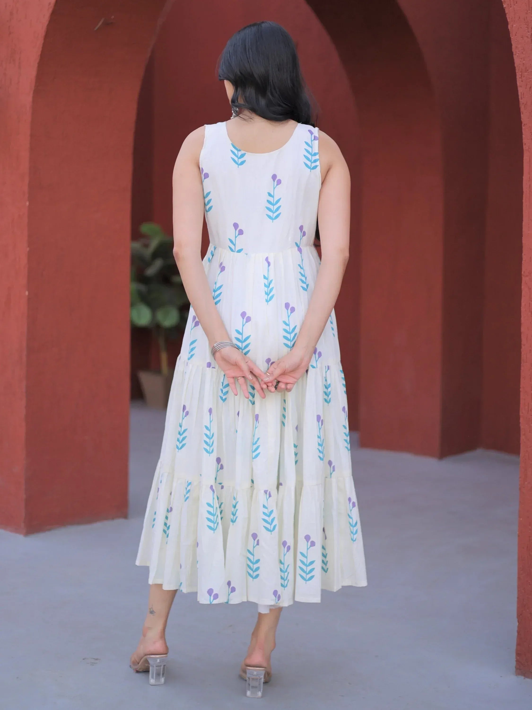 Fabulous Sky Blue Printed Cotton Daily Wear Dress