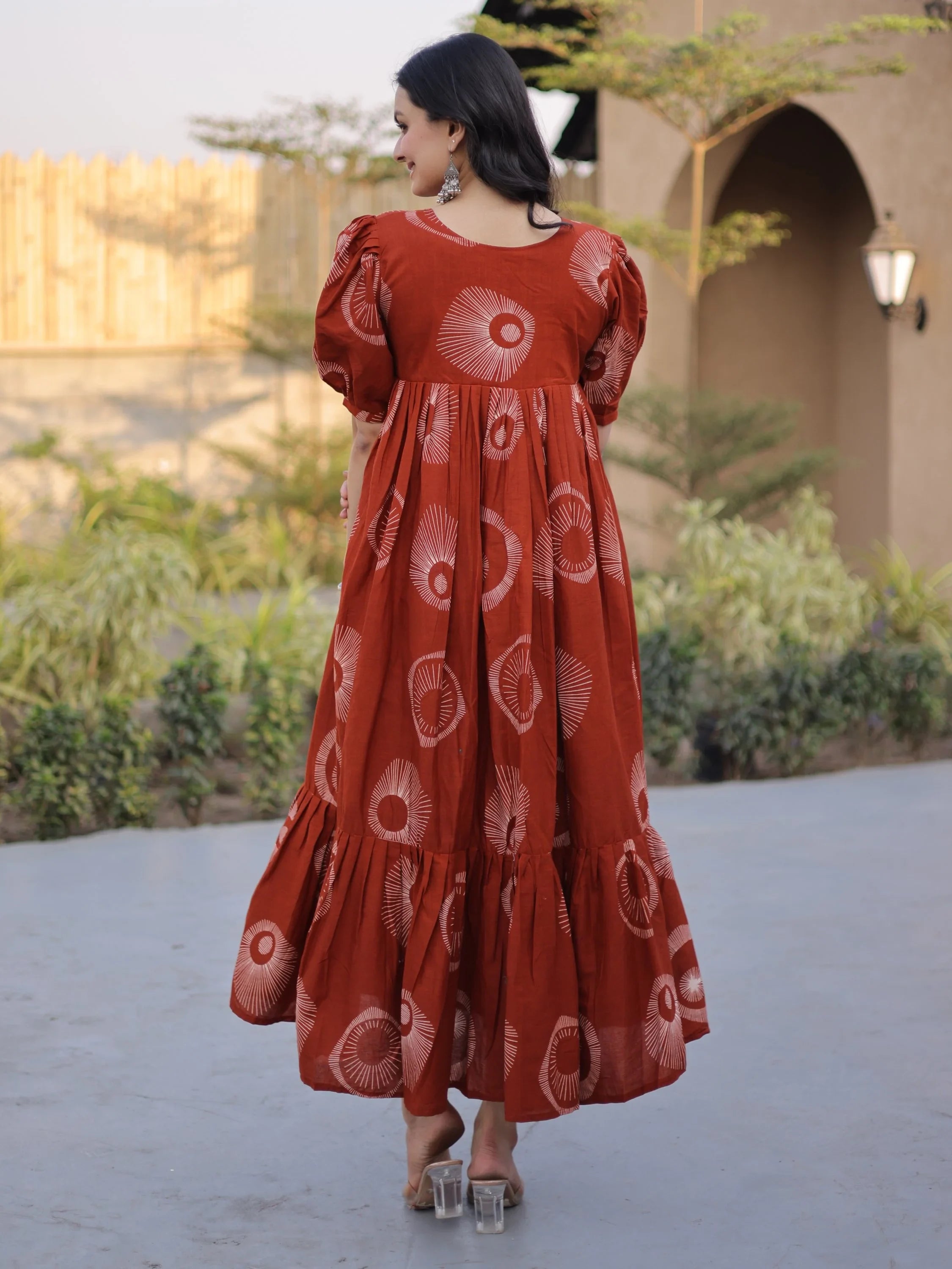 Glorious Rust Orange Printed Cotton Office Wear Dress