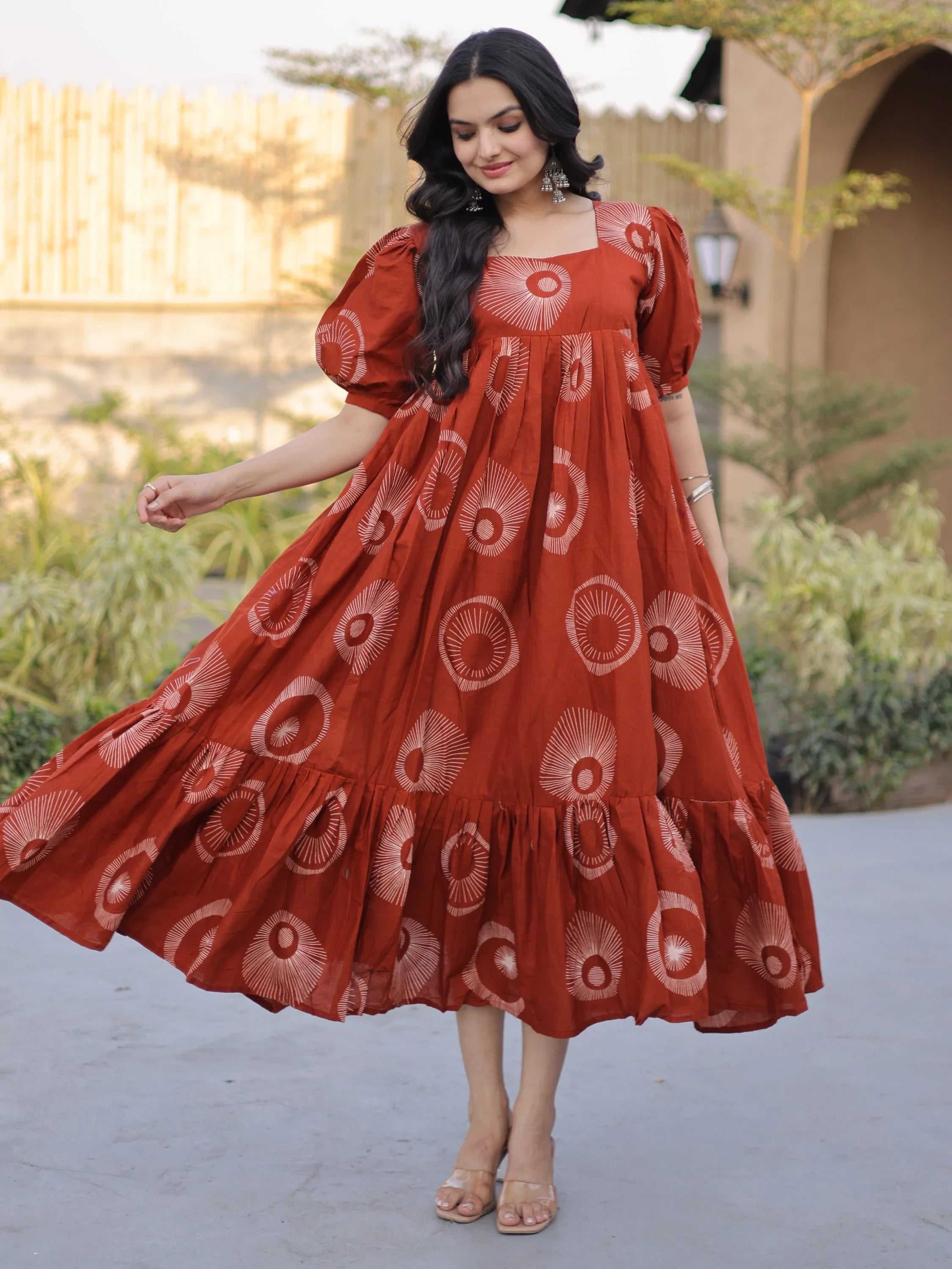 Glorious Rust Orange Printed Cotton Office Wear Dress